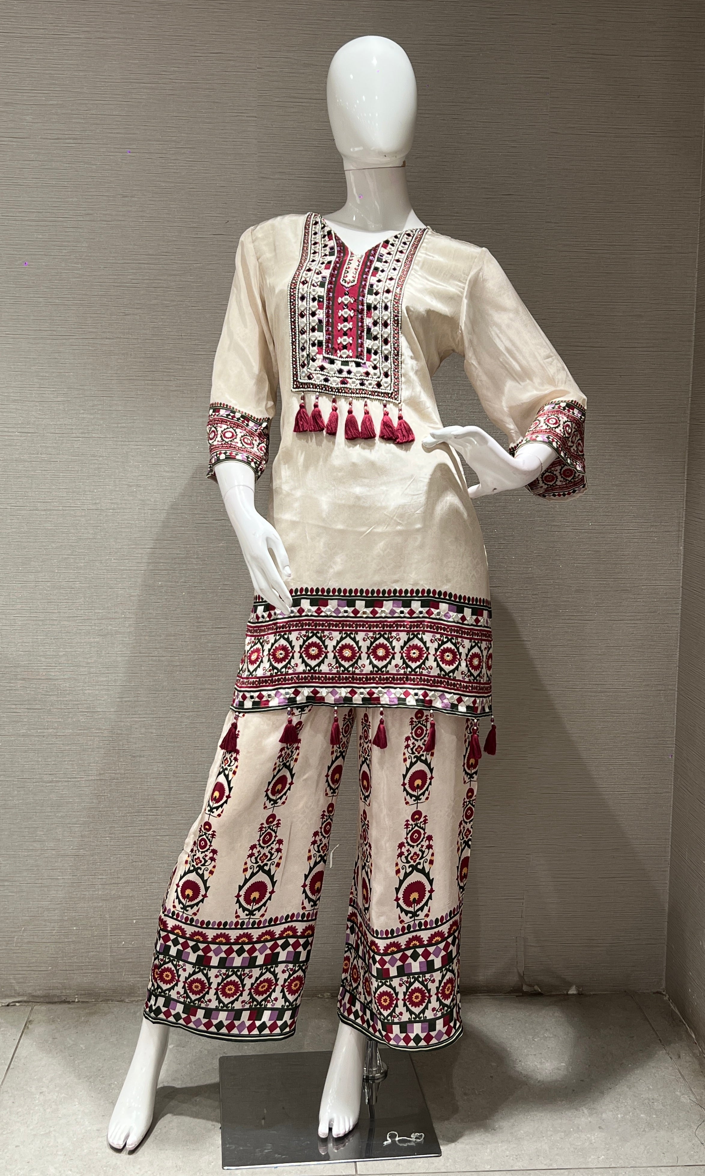 white and maroon printed kurta set with palazzo pants