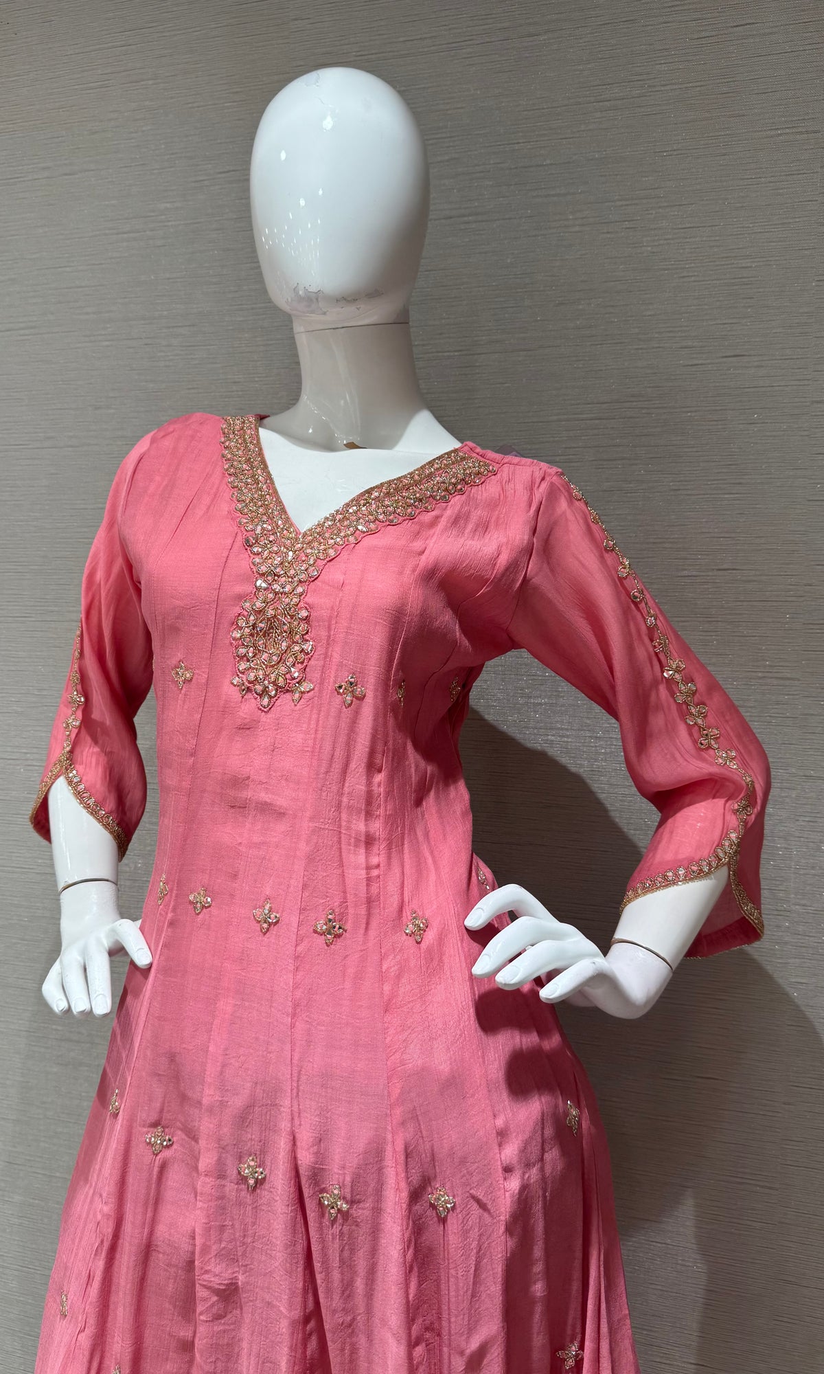 Rose Pink Silk golden Anarkali set with dupatta