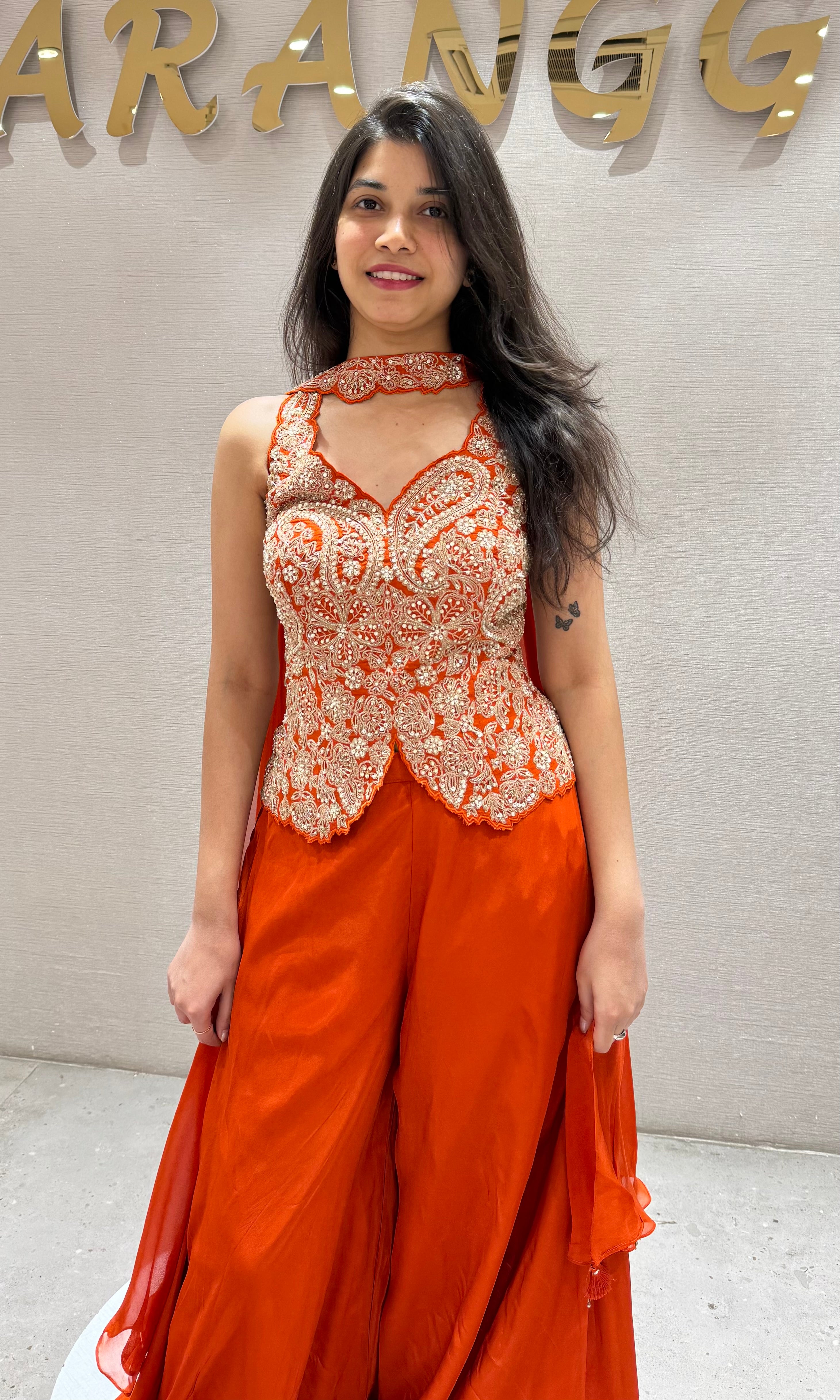 Orange EMBROIDERED PEPLUM PALAZZO SET
