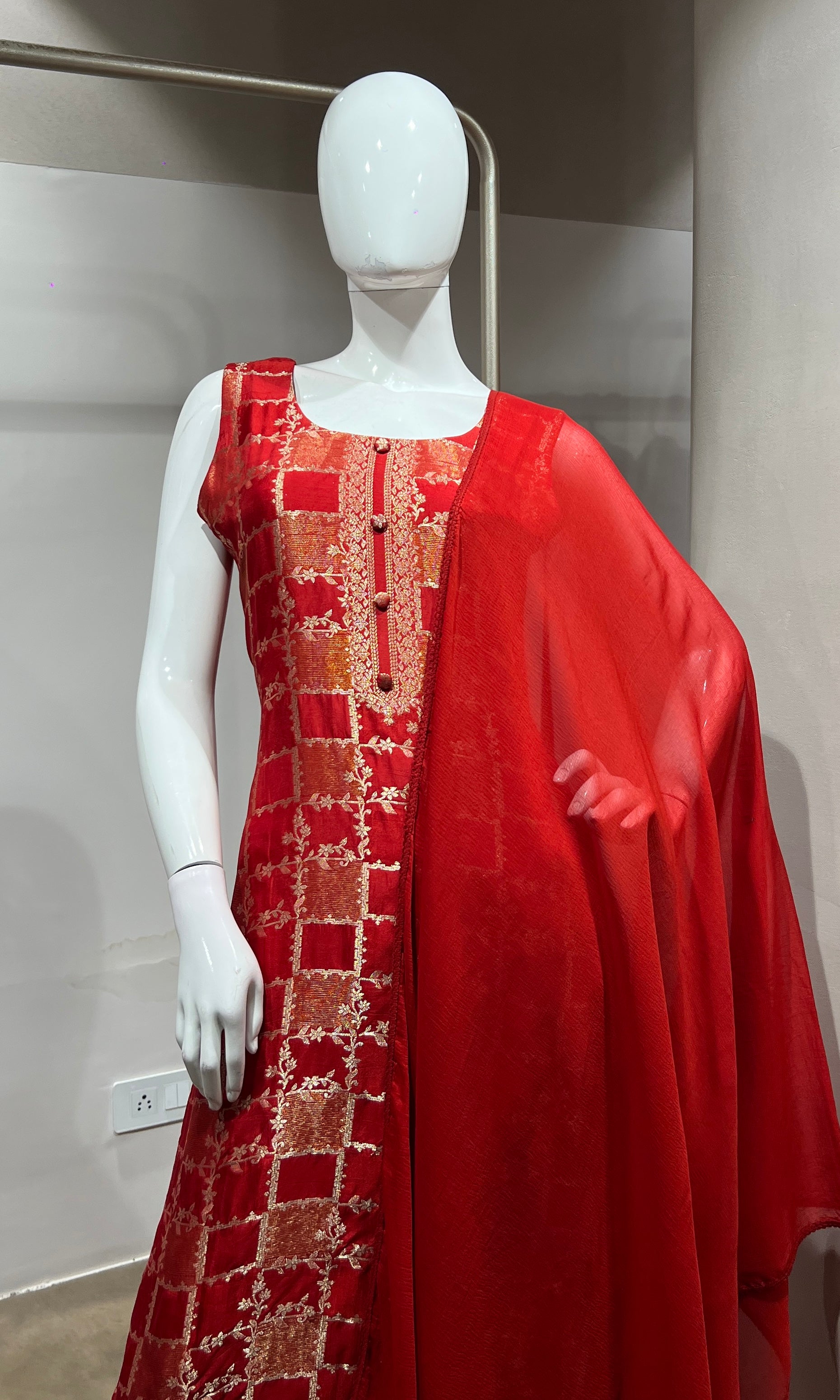 red Silk Embroidered Zari Kurta Set