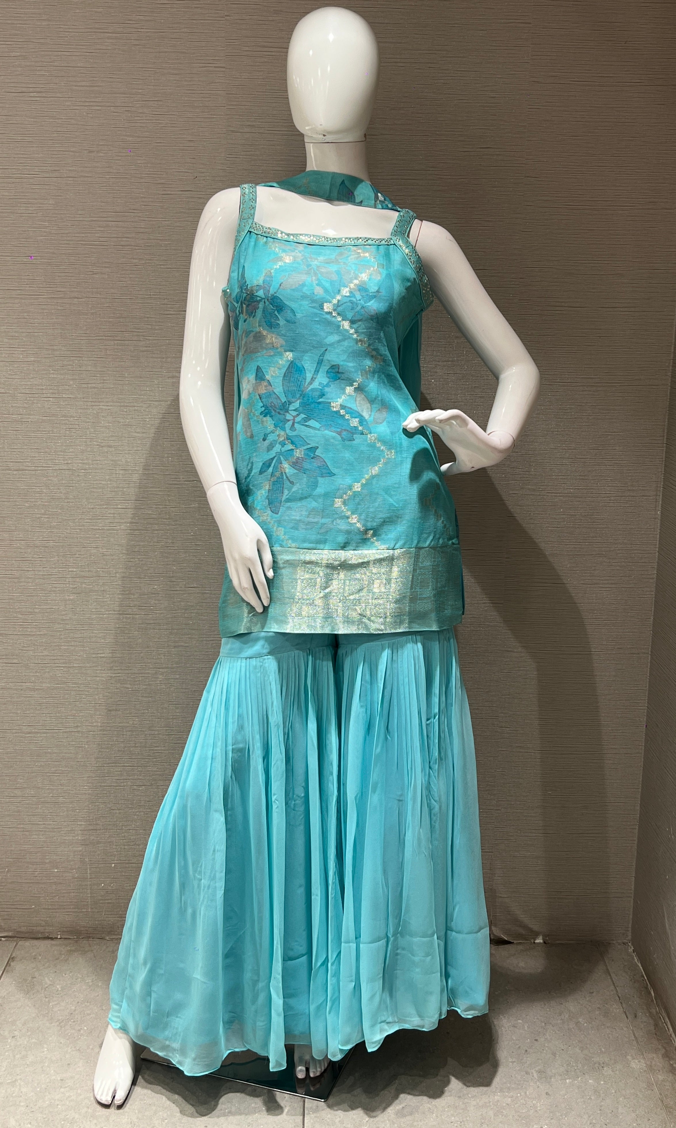 Sea blue Floral Kurta Sharara set