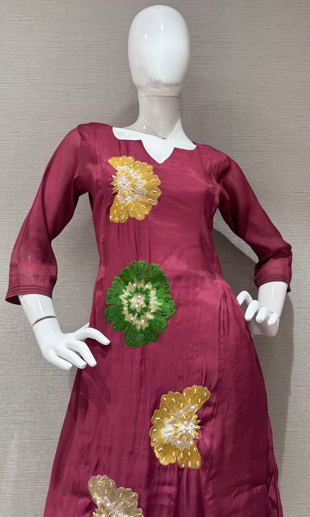 Wine cotton silk Floral Motif Kurta set with dupatta