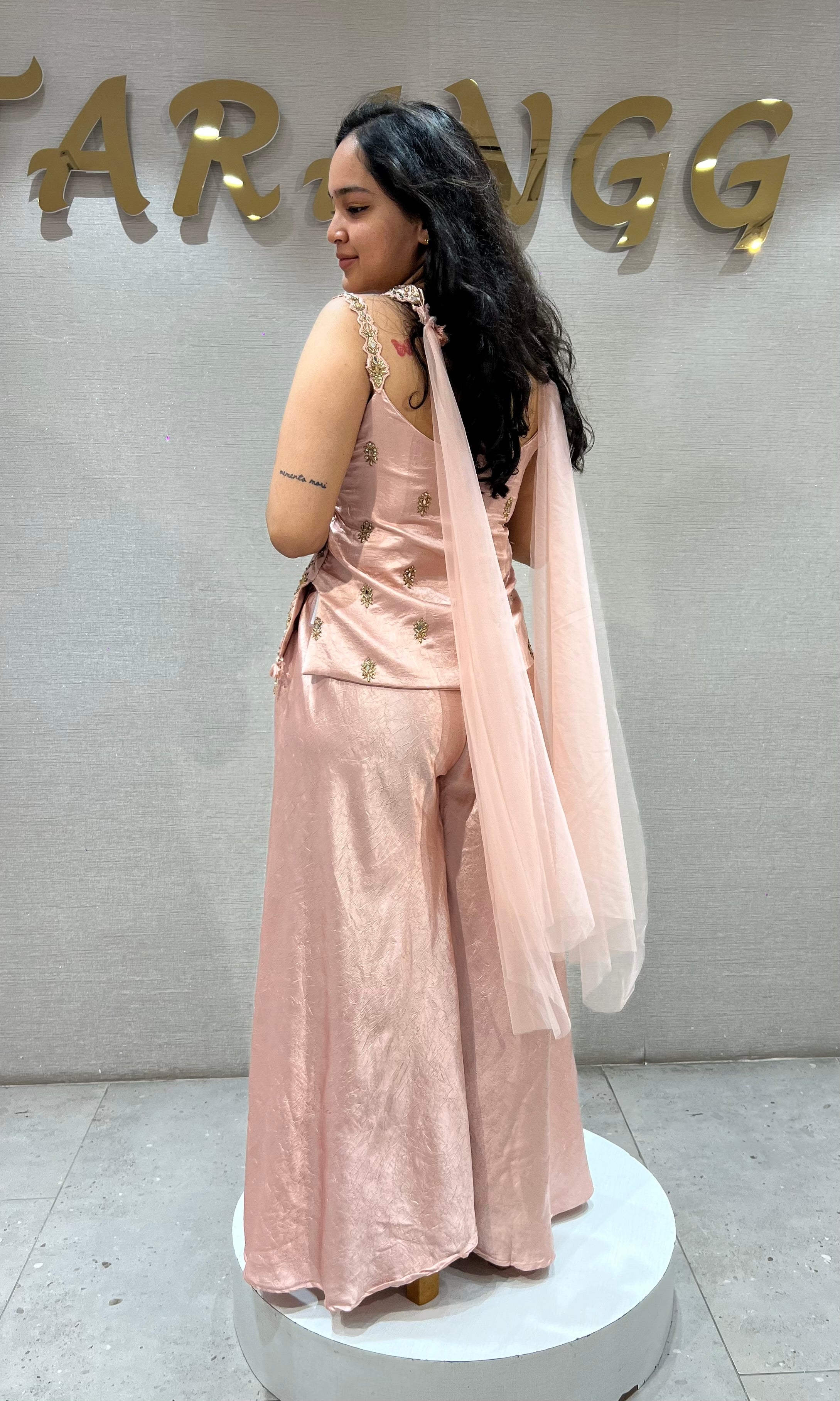Baby Pink Satin Palazzo Ensemble with Gold Embroidery