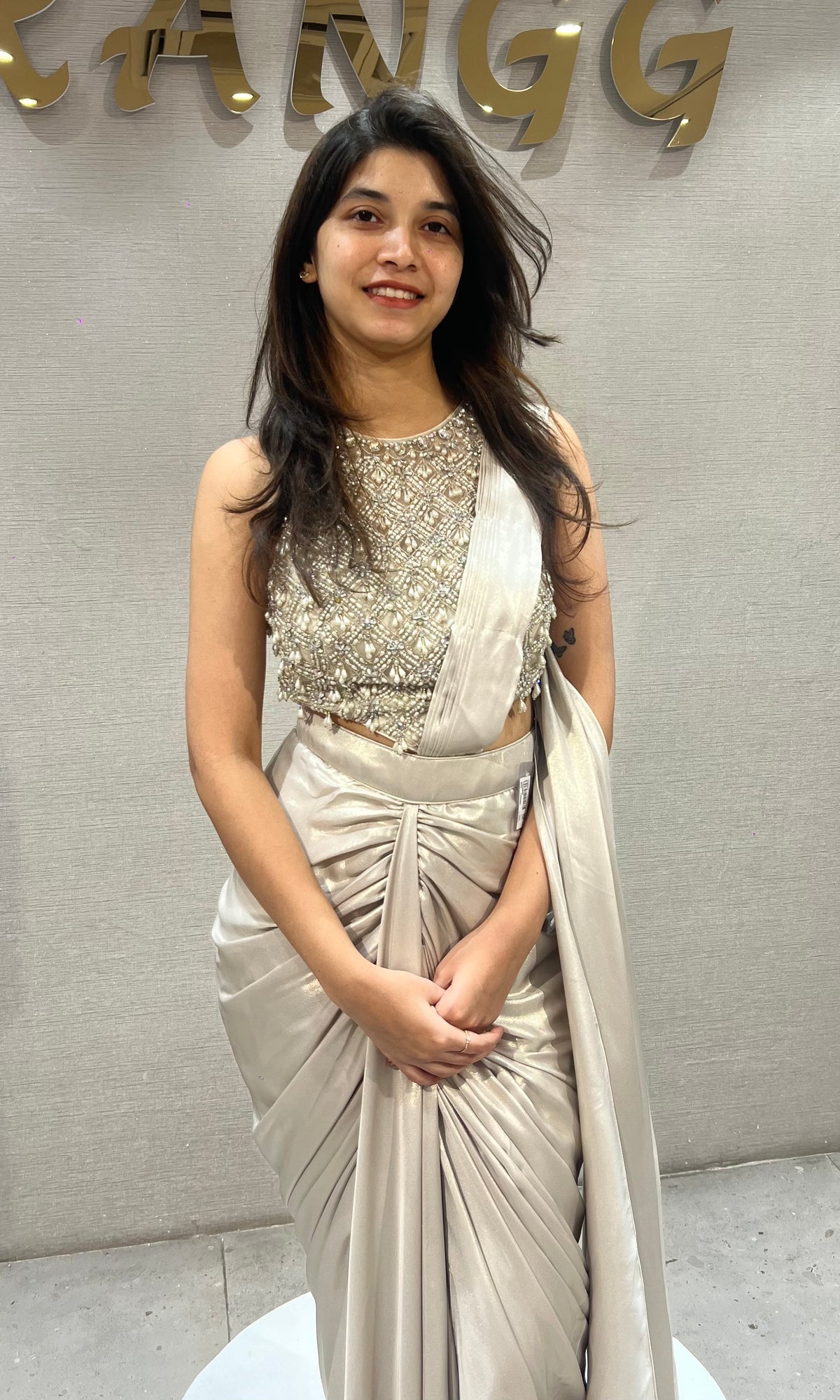 Cream Satin Silk drape saree with Ivory Jewel Blouse