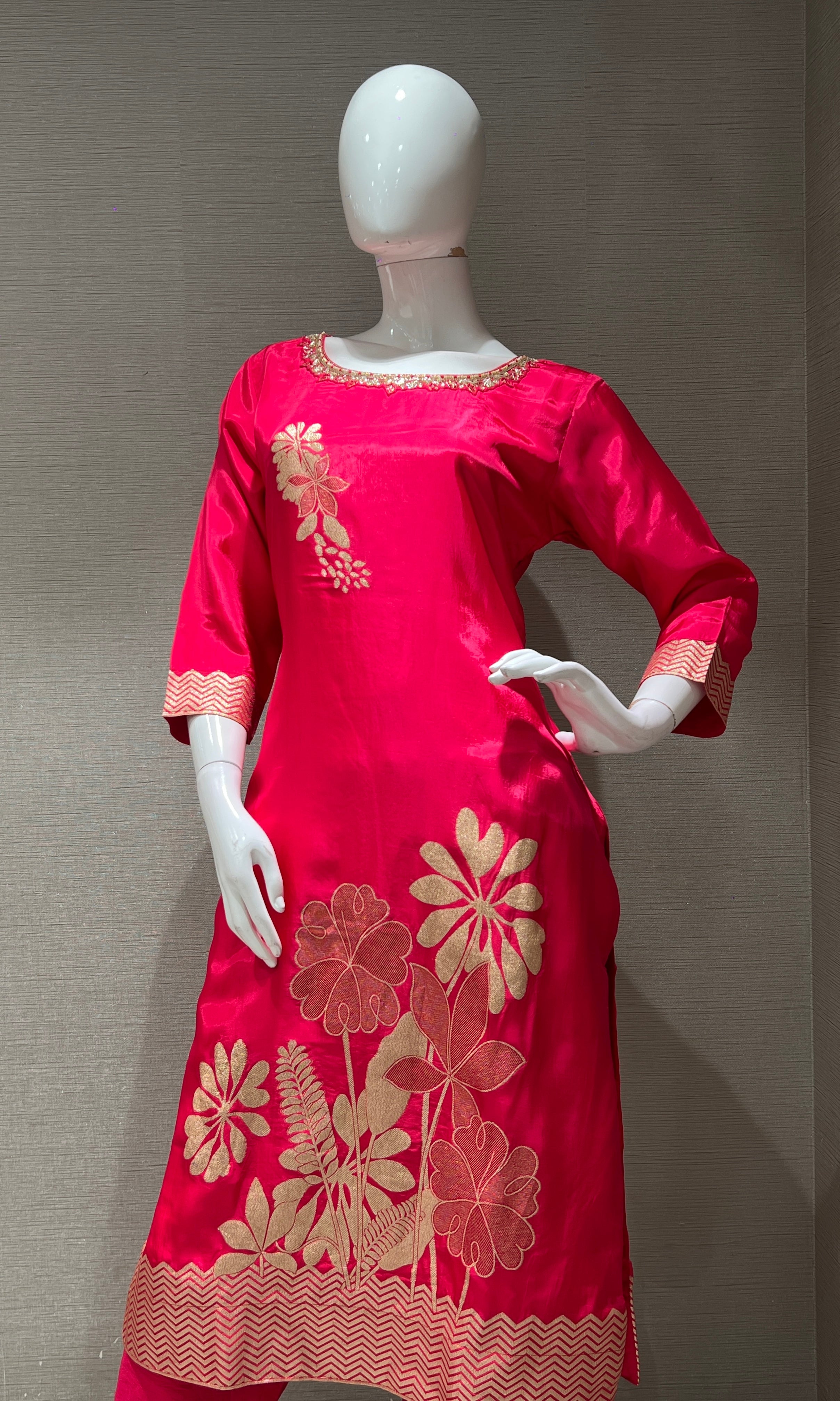 rani pink golden FLORAL kurta seT