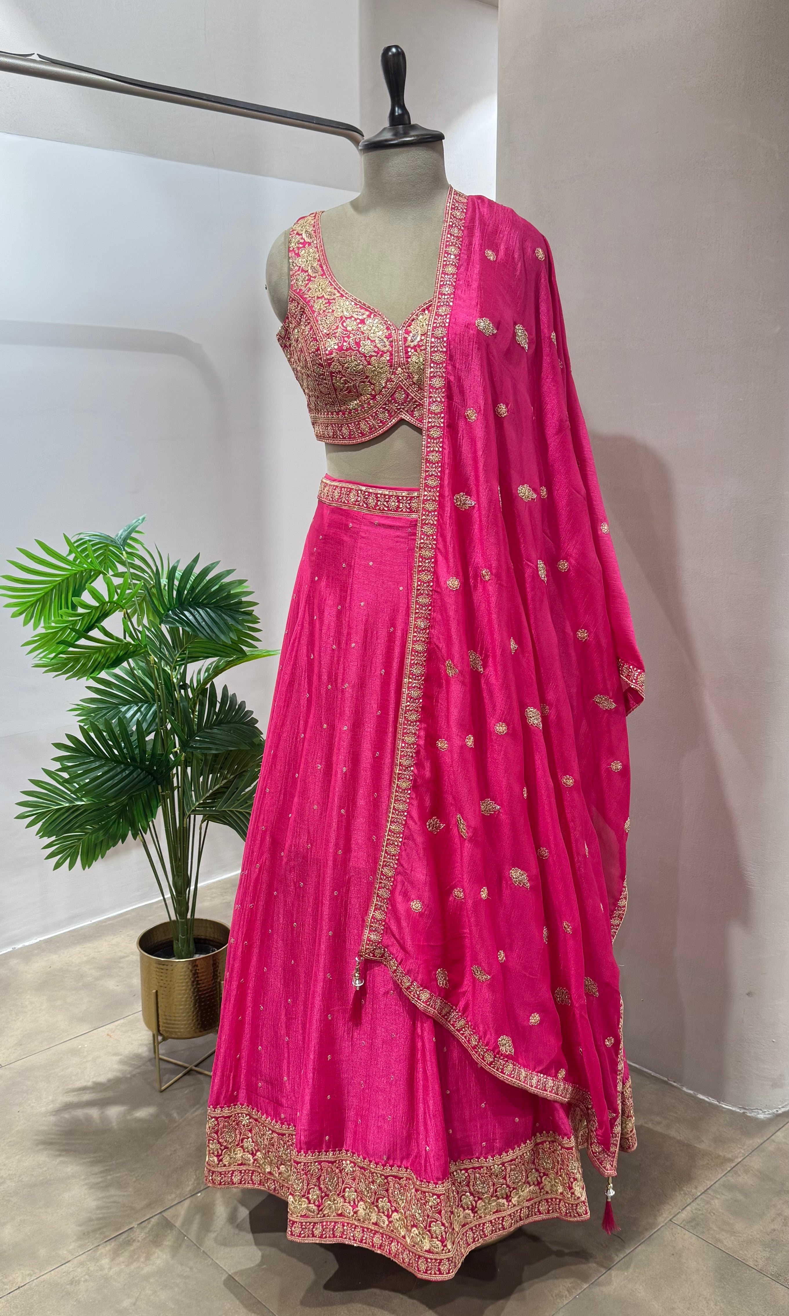 Pink EMBELLISHED LEHENGA WITH FLORAL MOTIF DUPATTA