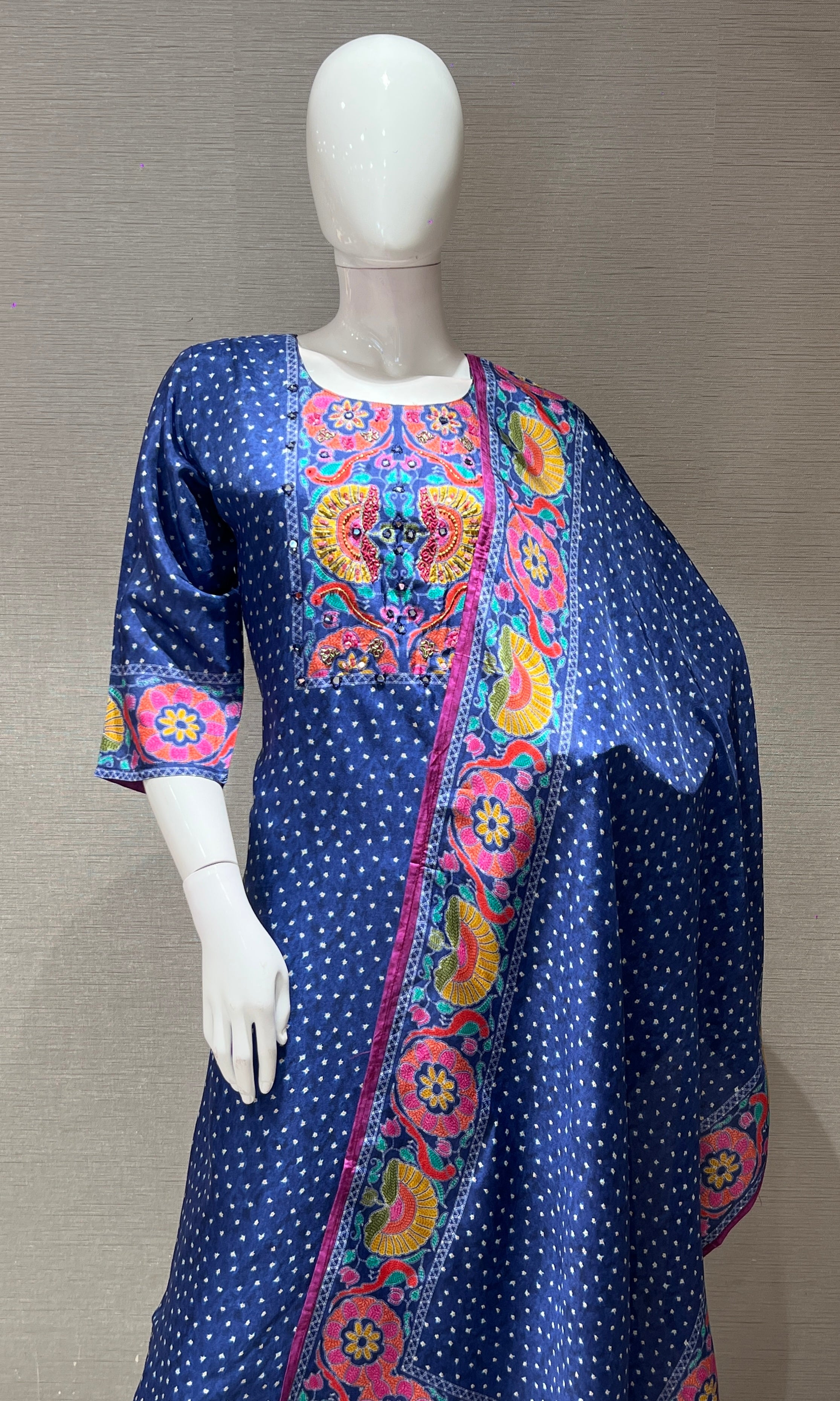 Blue Floral Print embroidered Kurta Set