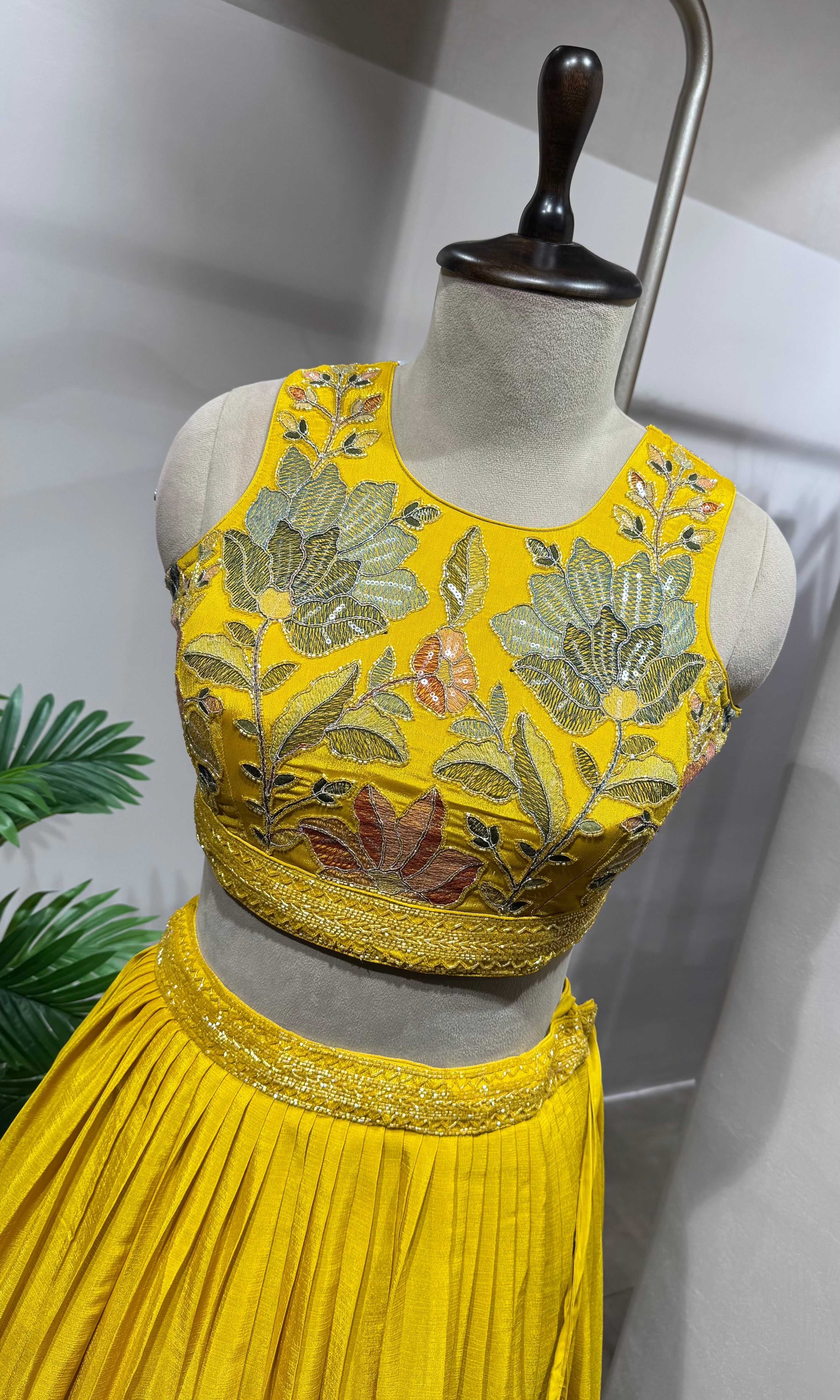 yellow floral printed embroidered lehenga