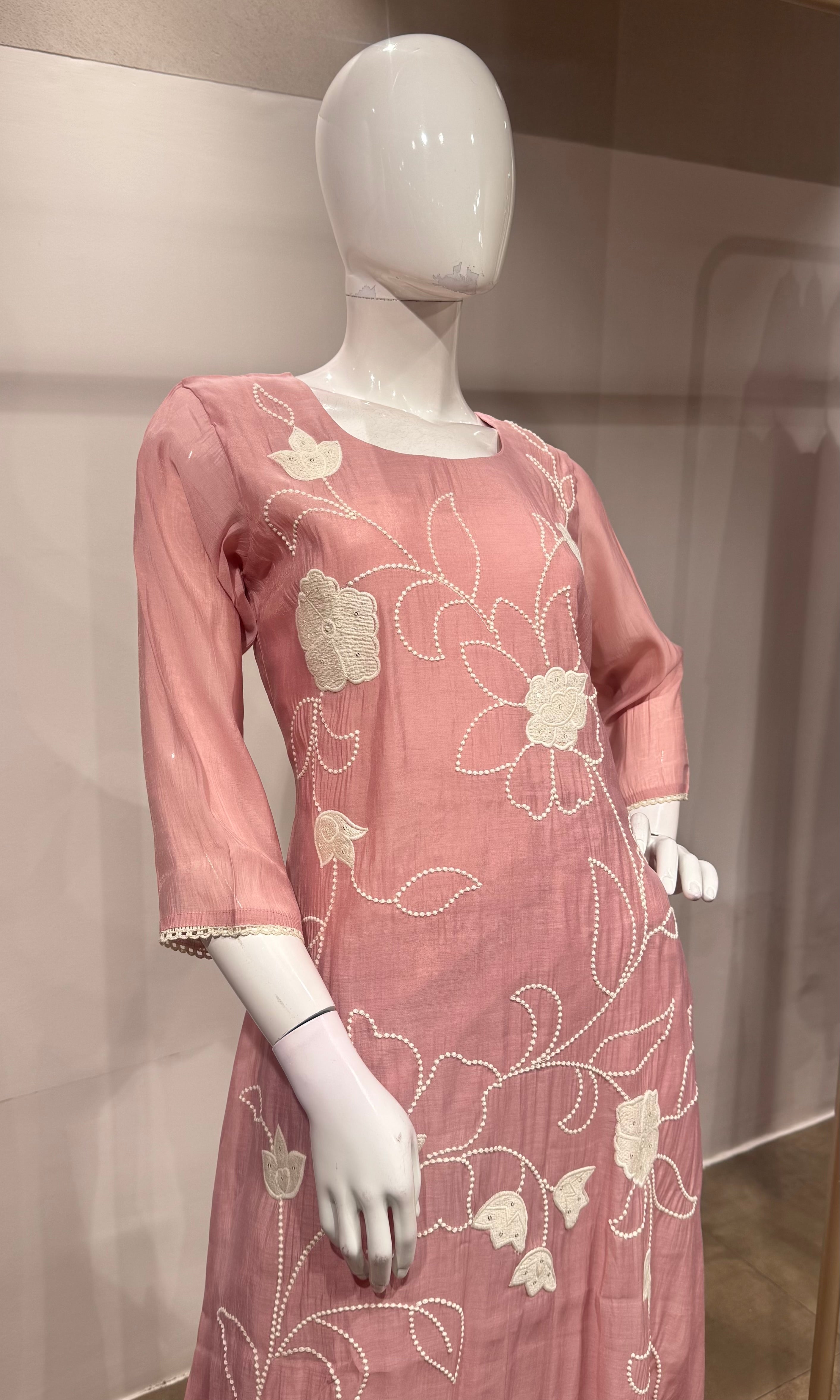 Baby Pink Silk Thread Embroidered kurta set