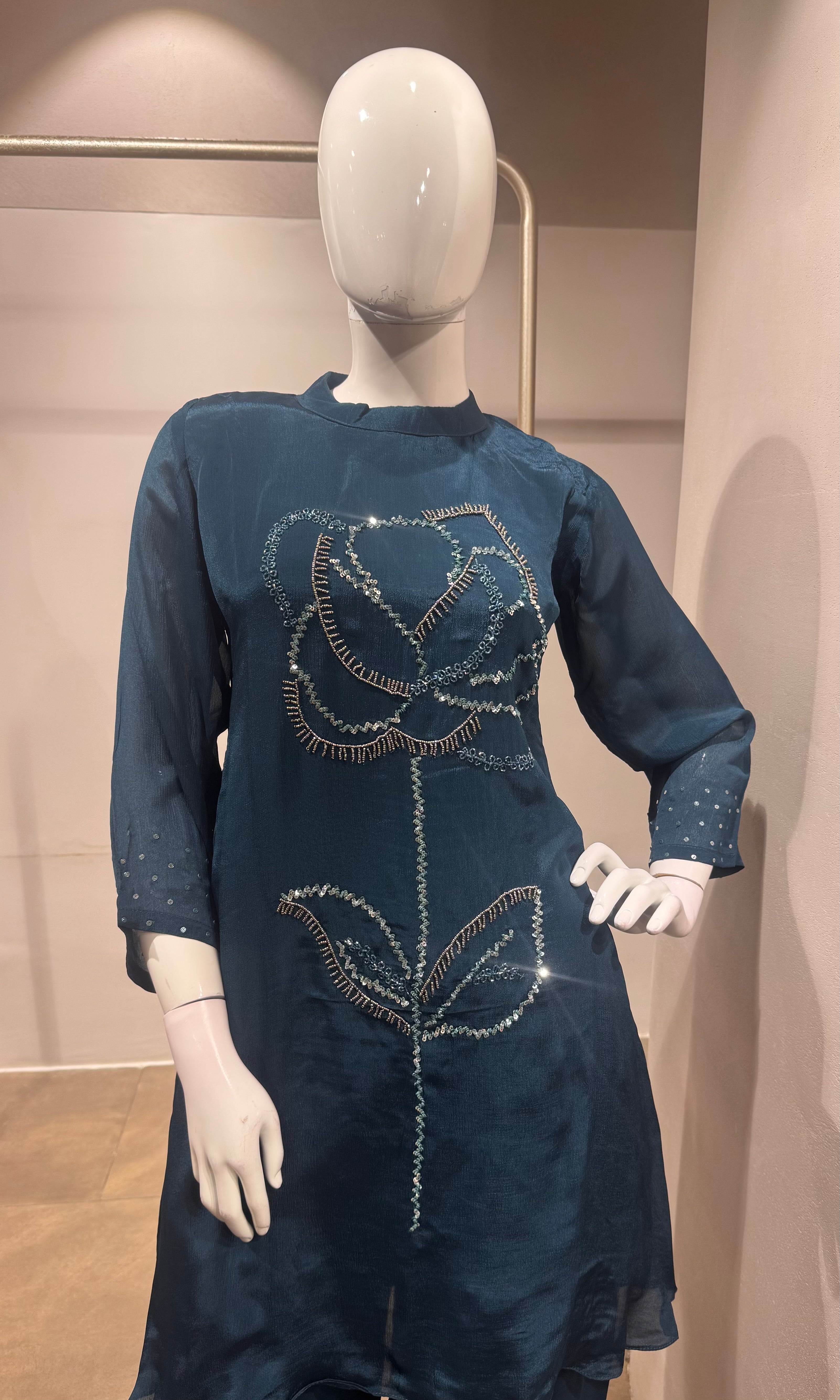 Teal Blue floral kurti with bottom