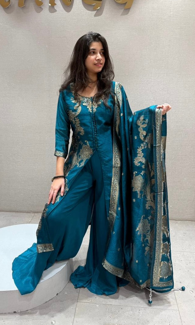 Peacock blue front silt Anarkali