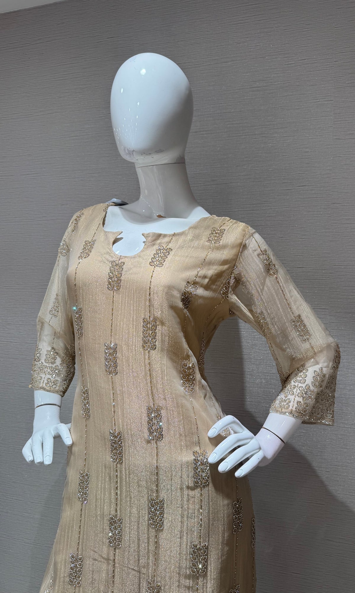 Beige Tissue silk embroidered kurta set with dupatta