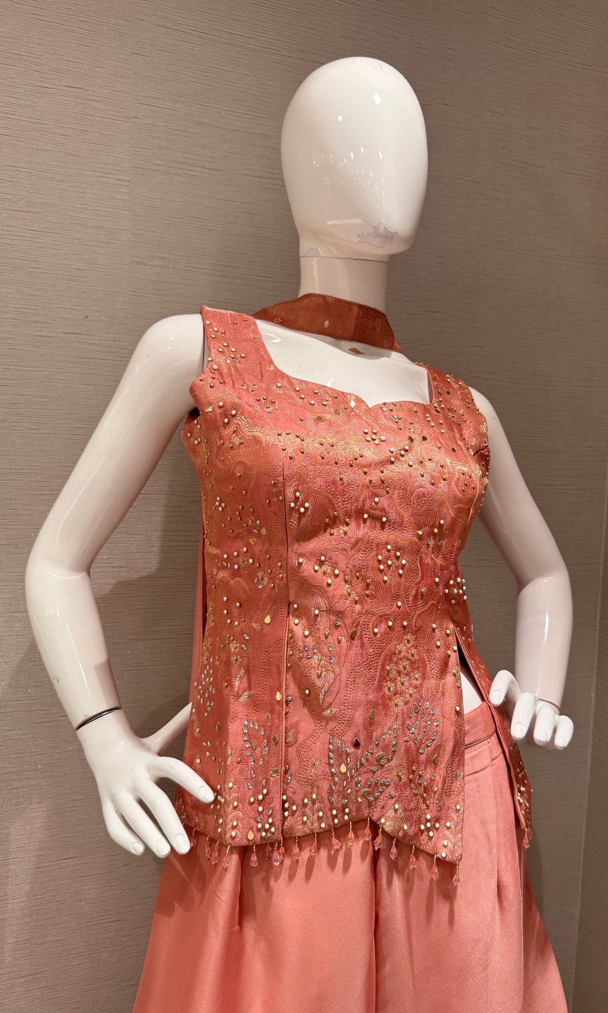 Rust Satin Embellished Crop Top and Palazzo Set