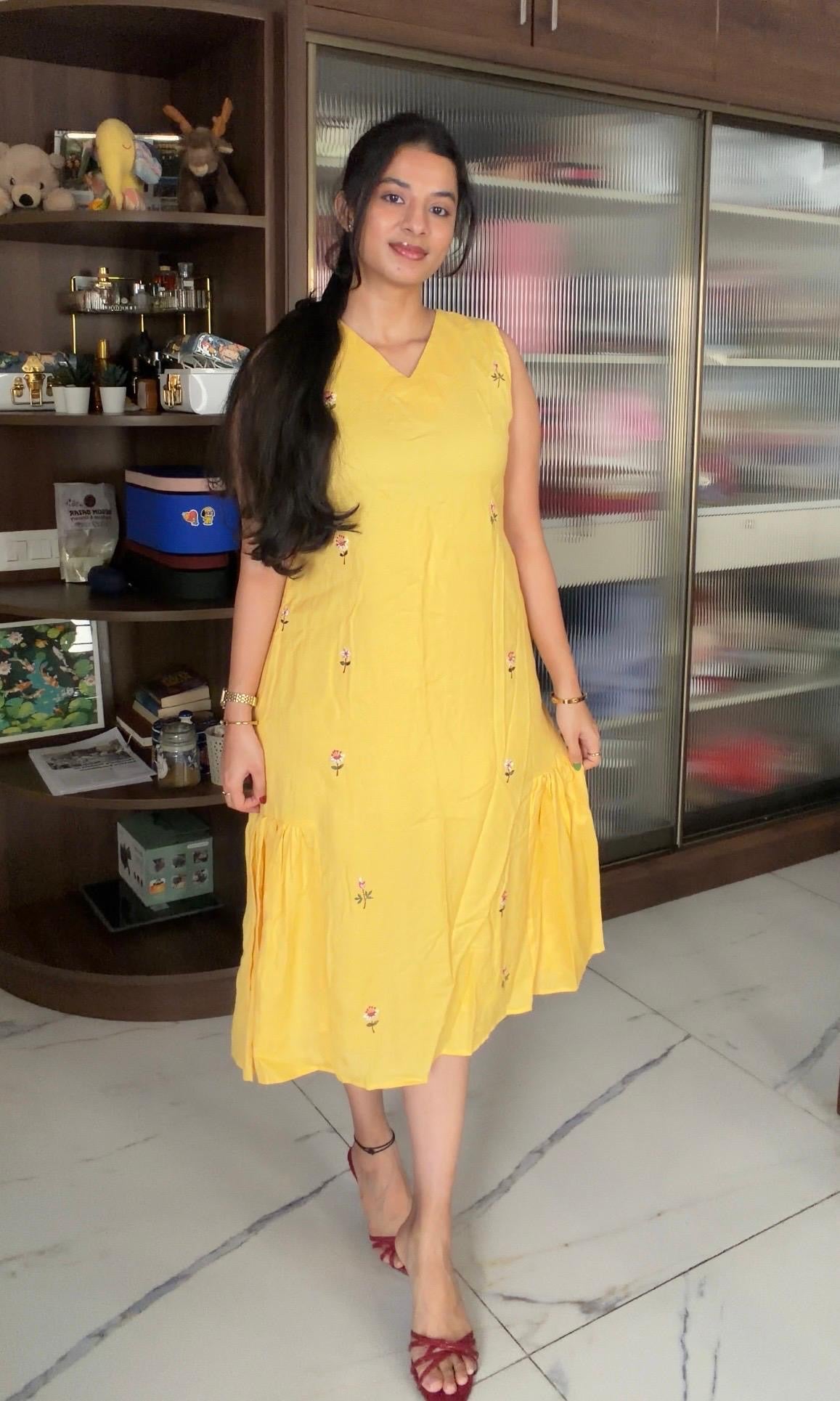 Butter yellow dress with floral embroidery