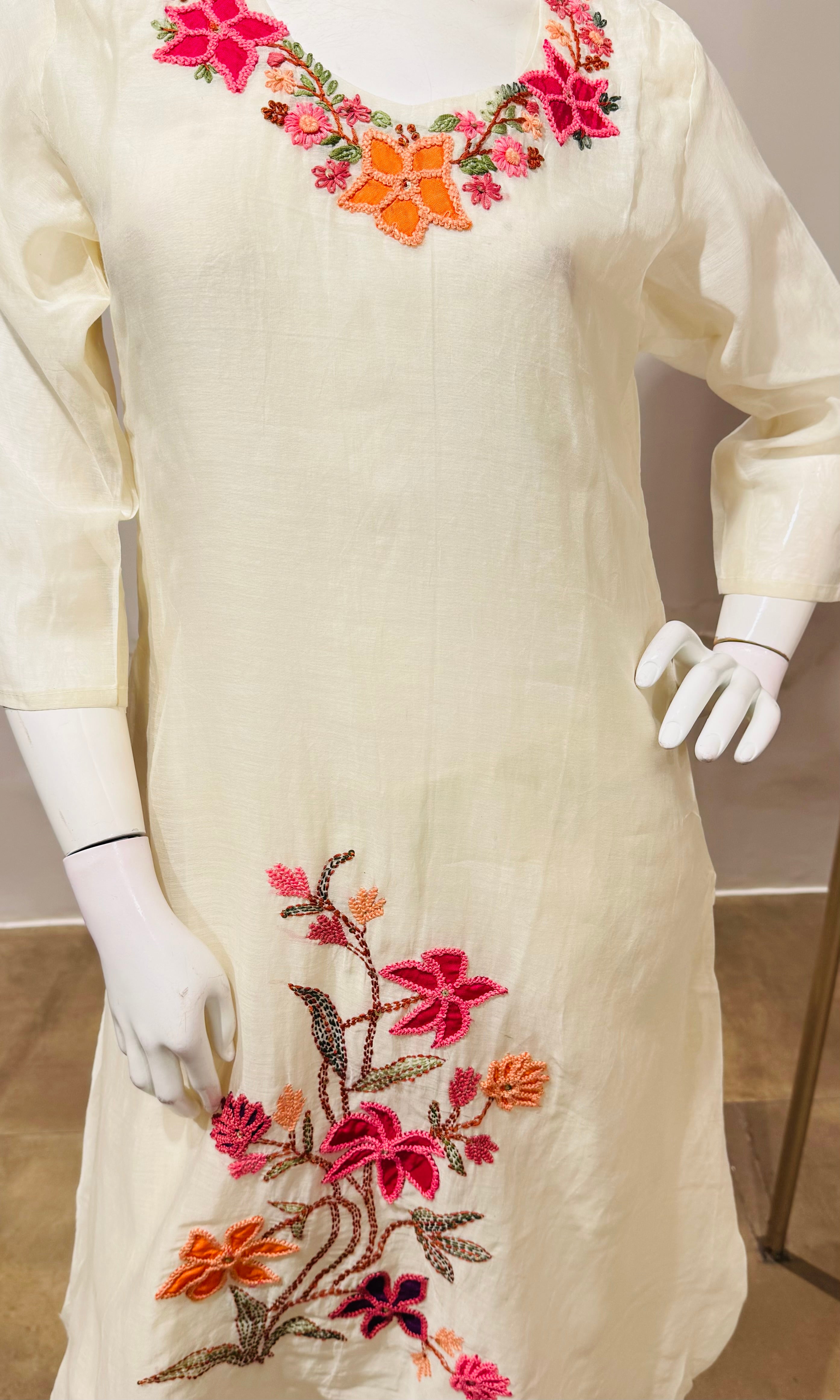 White Cotton Kurta Set with Botanical Embroidery