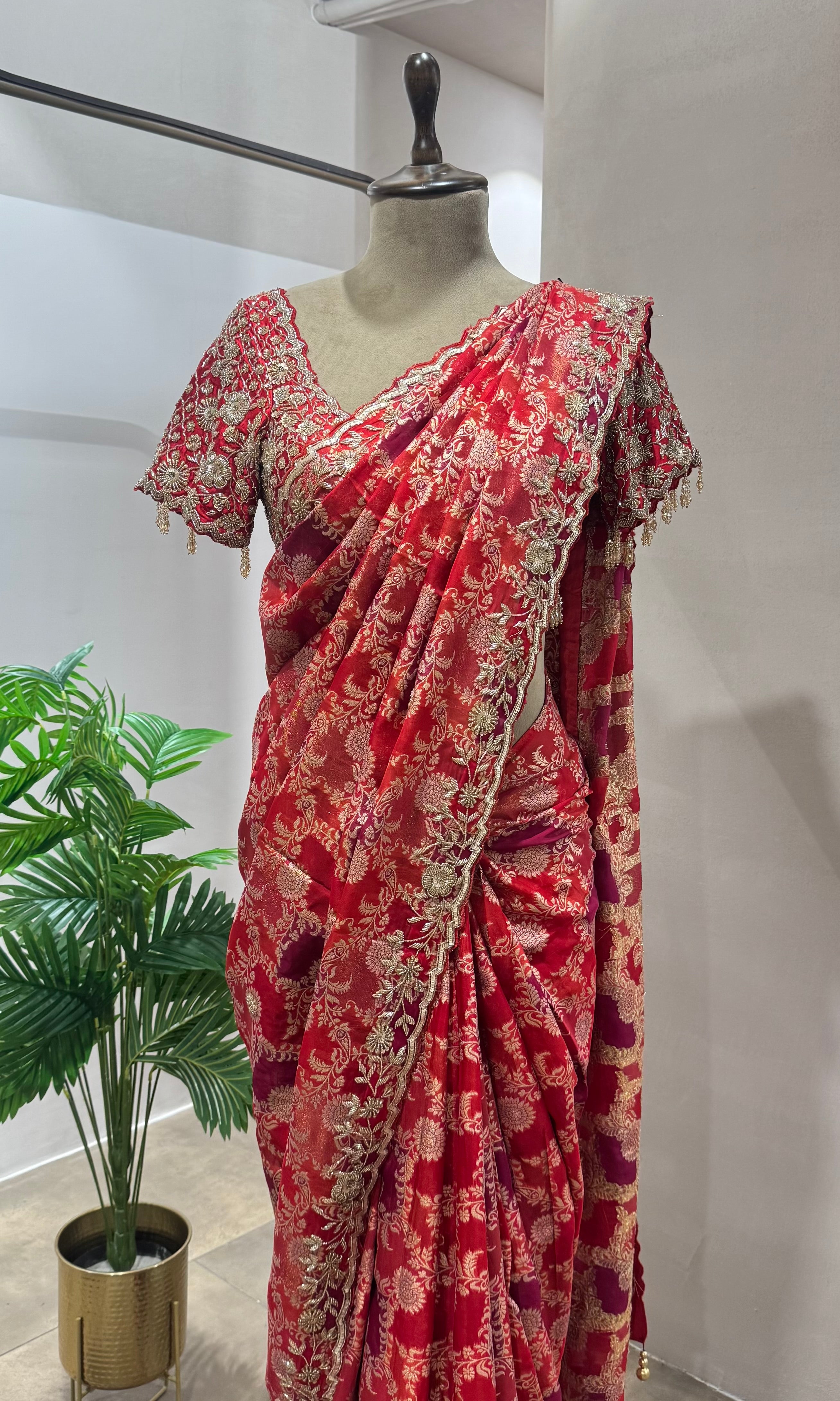RED GOLD WORK BANARASI SILK SAREE WITH BLOUSE