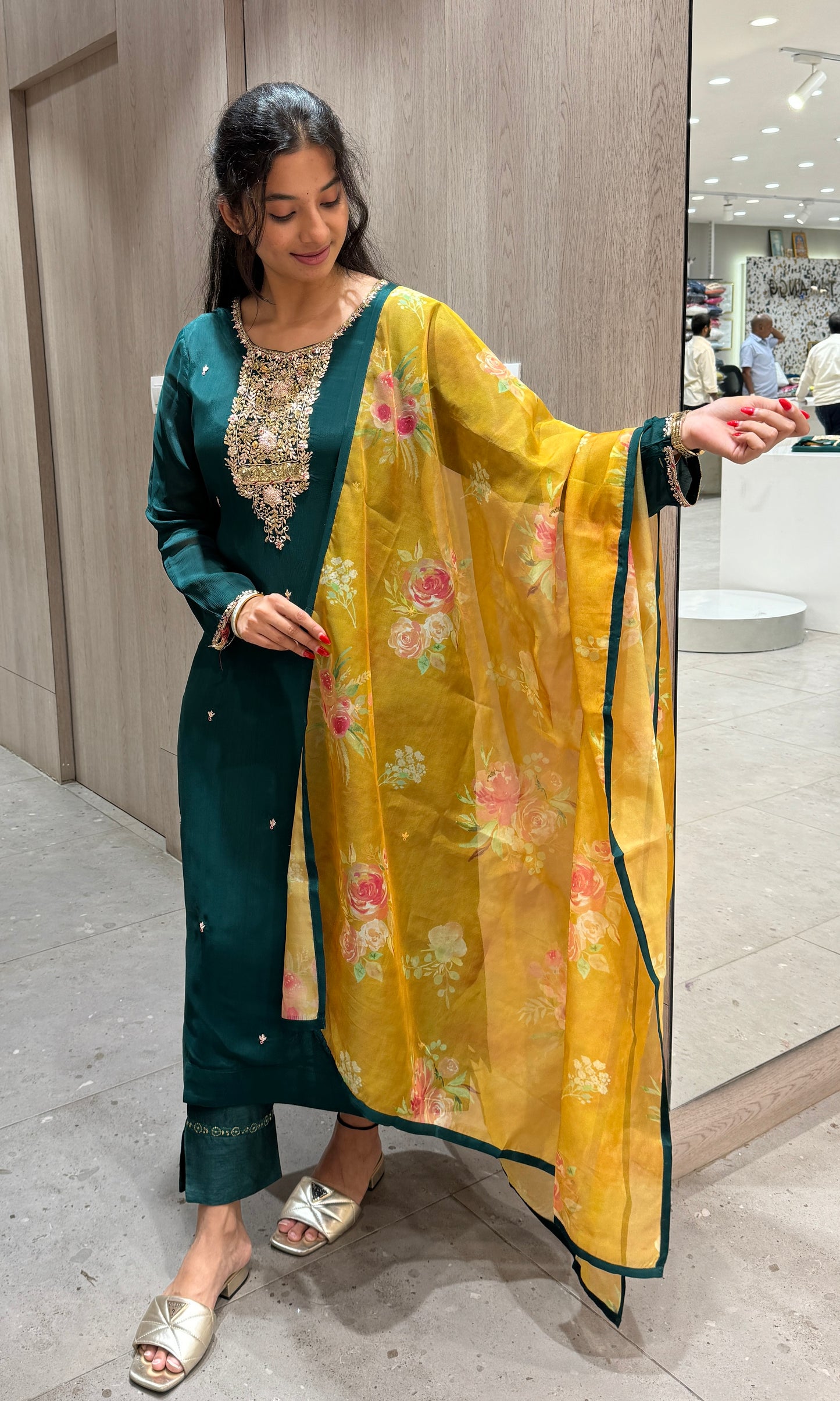 Emerald green with yellow organza dupatta kurta set