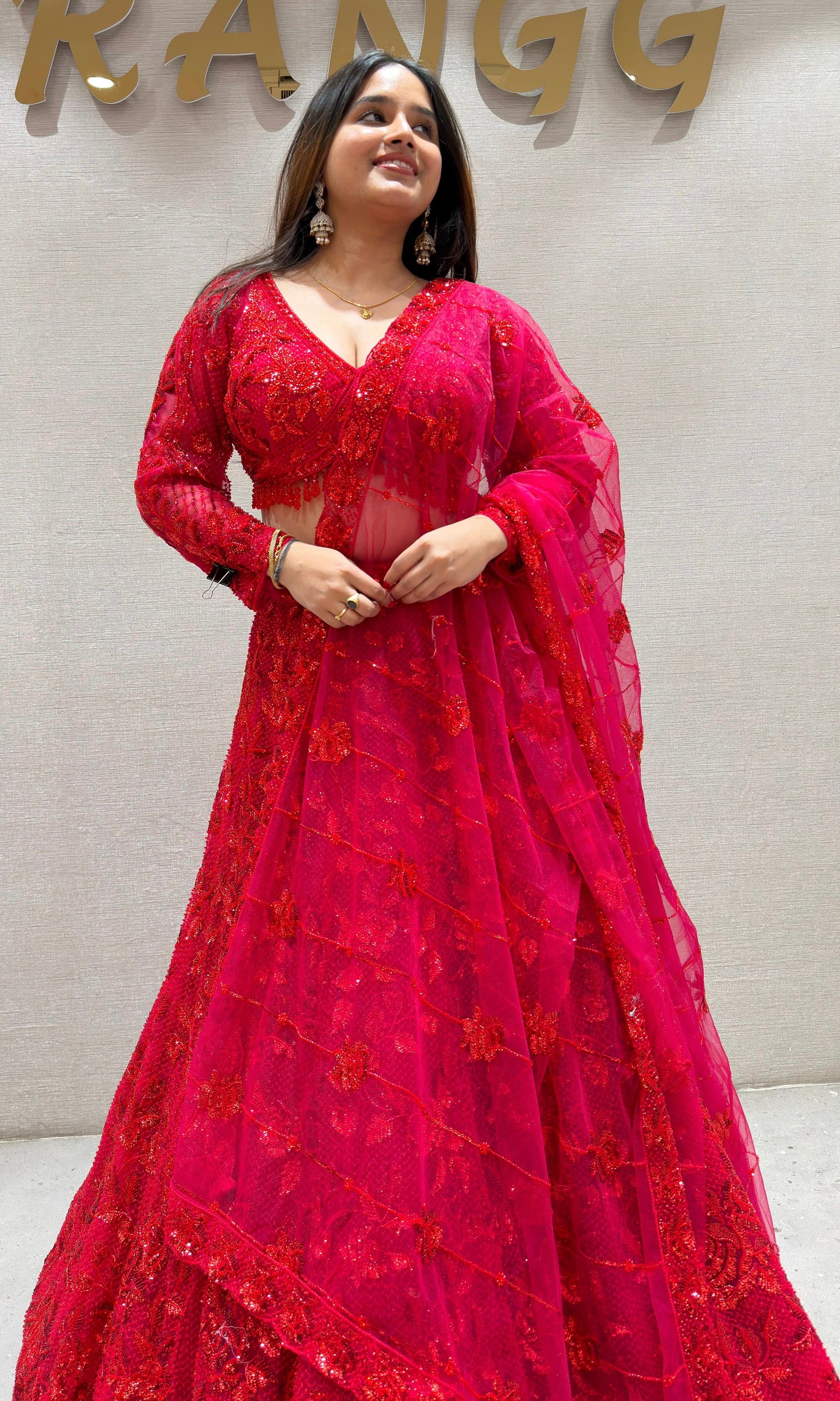 Red FLORAL EMBROIDERED Lehenga