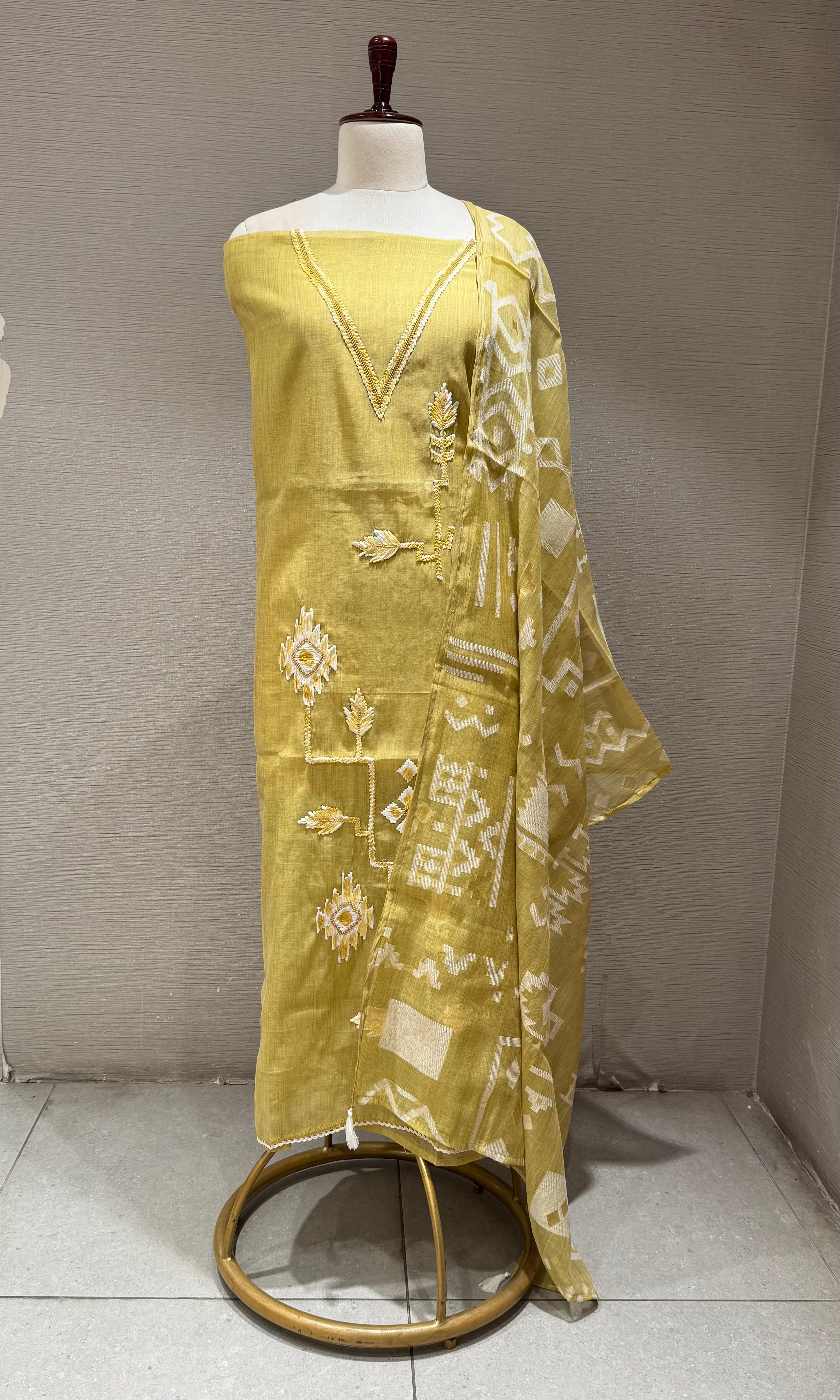Olive green Dress Material with Geometric Embroidery