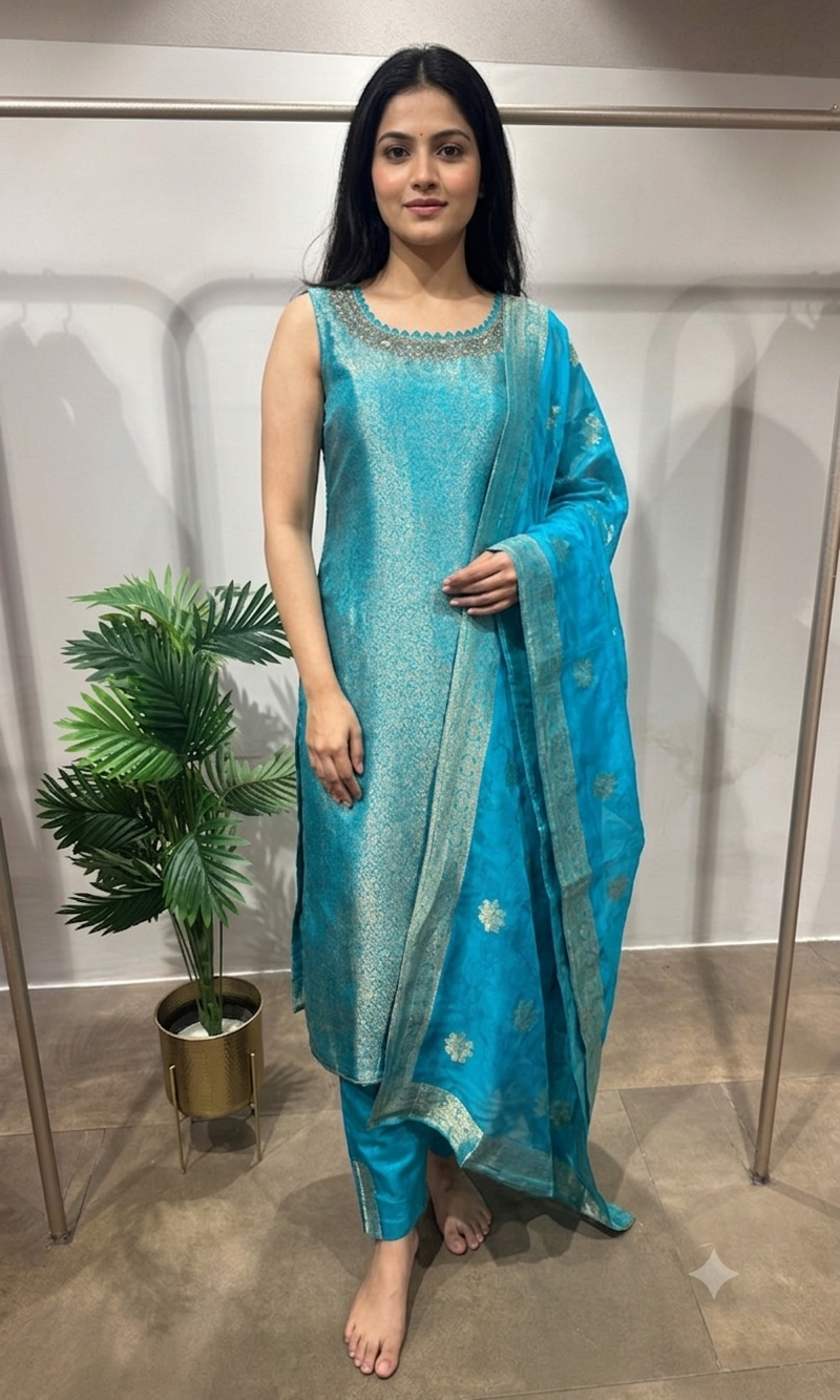RAMA BLUE GOLDEN BANARASI KURTA SET