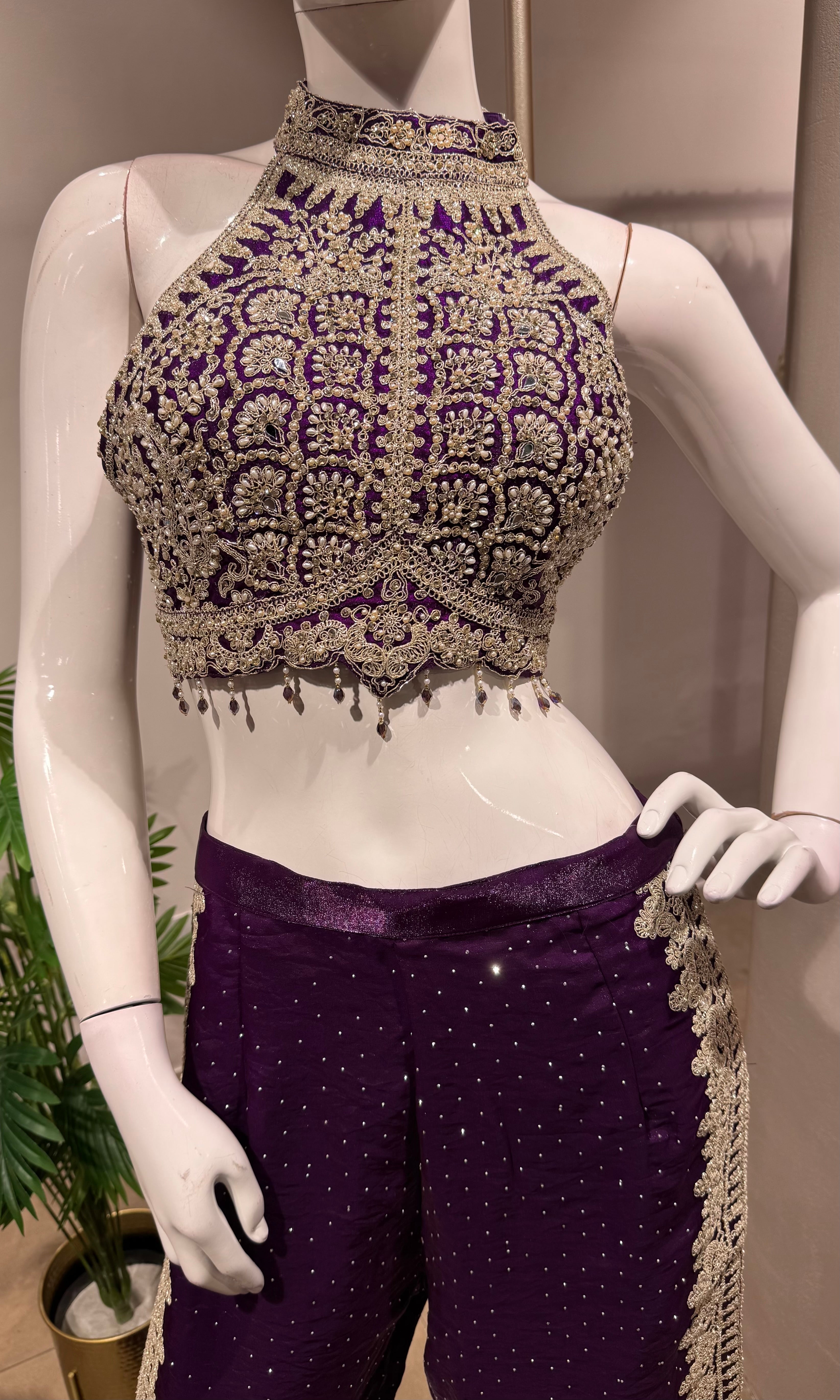 PURPLE EMBROIDERED HALTER CROP TOP PALAZZO SET