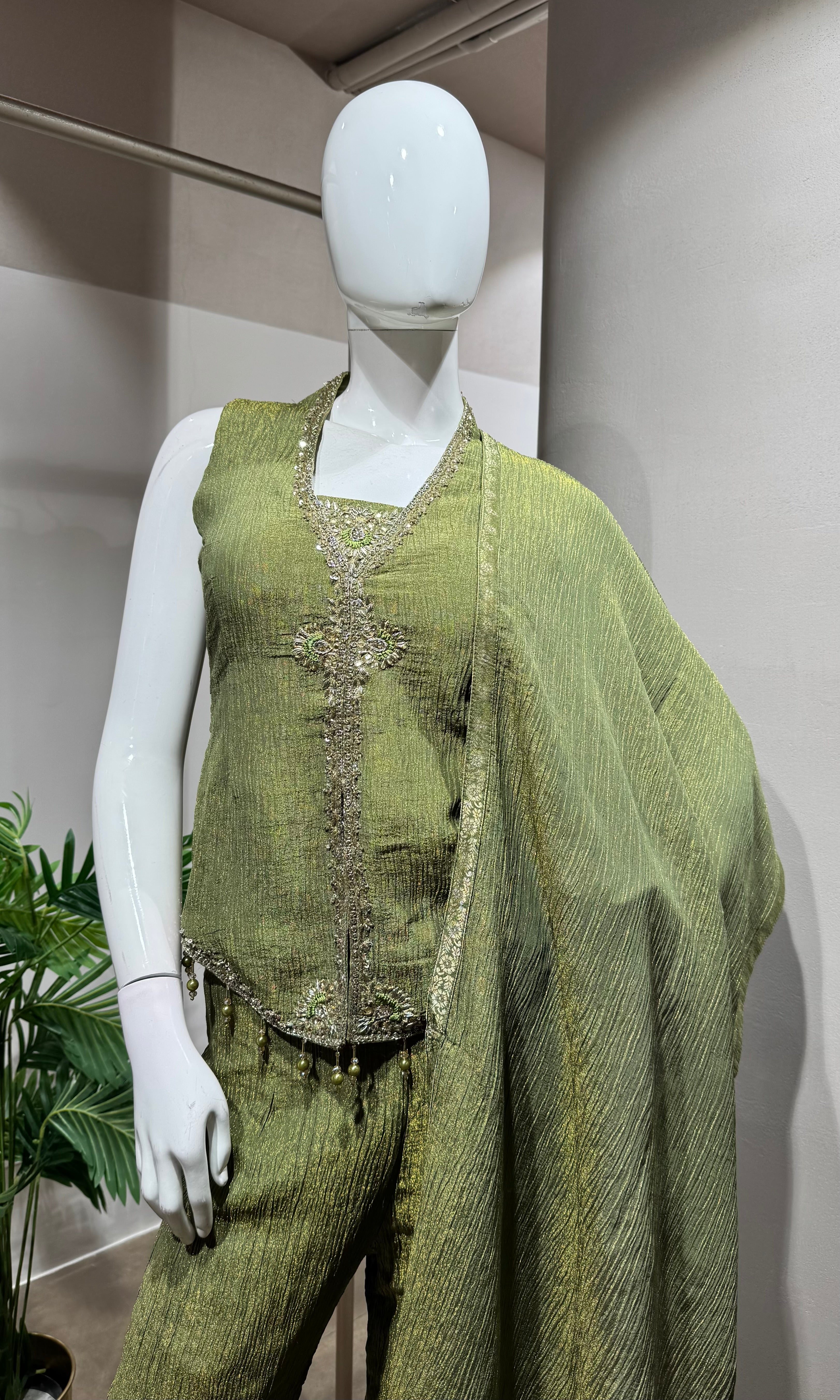 Green Printed Floral V Neck Sharara Set