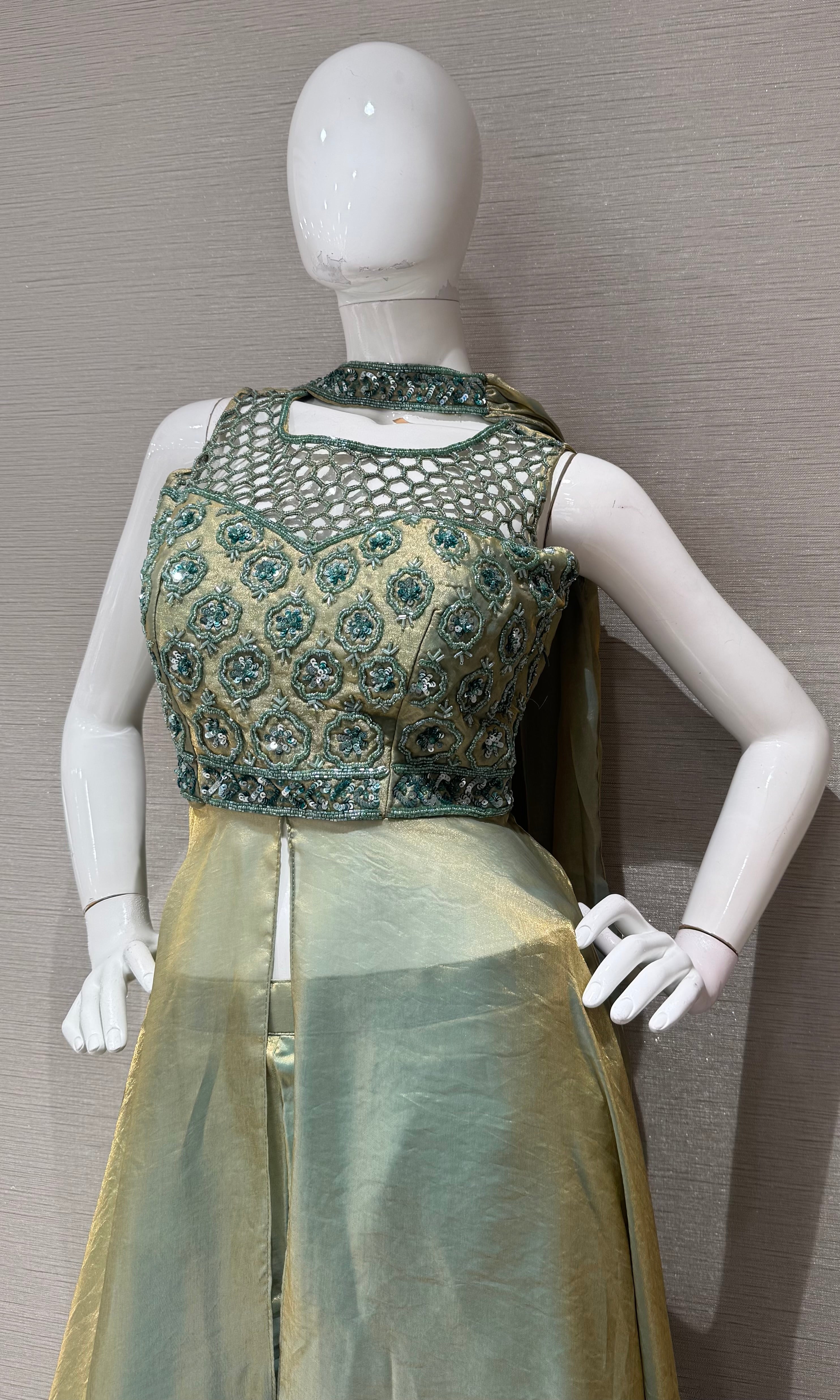 Pista green shimmer front slit anarkali palazzo set