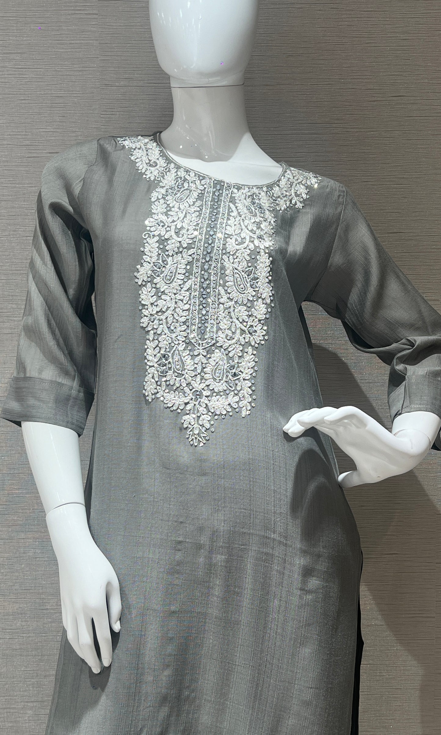 🩶Grey Kurti with neck design🩶