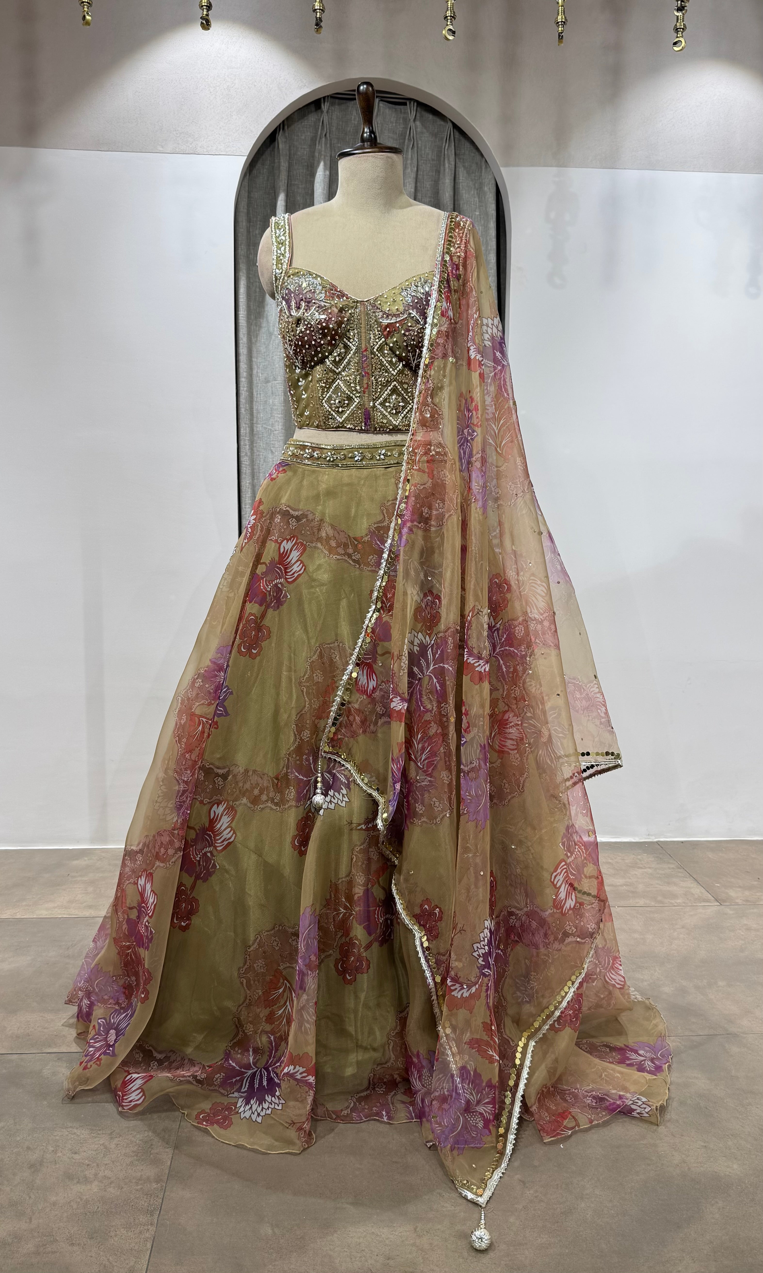 GREEN Floral Printed Corset Lehenga