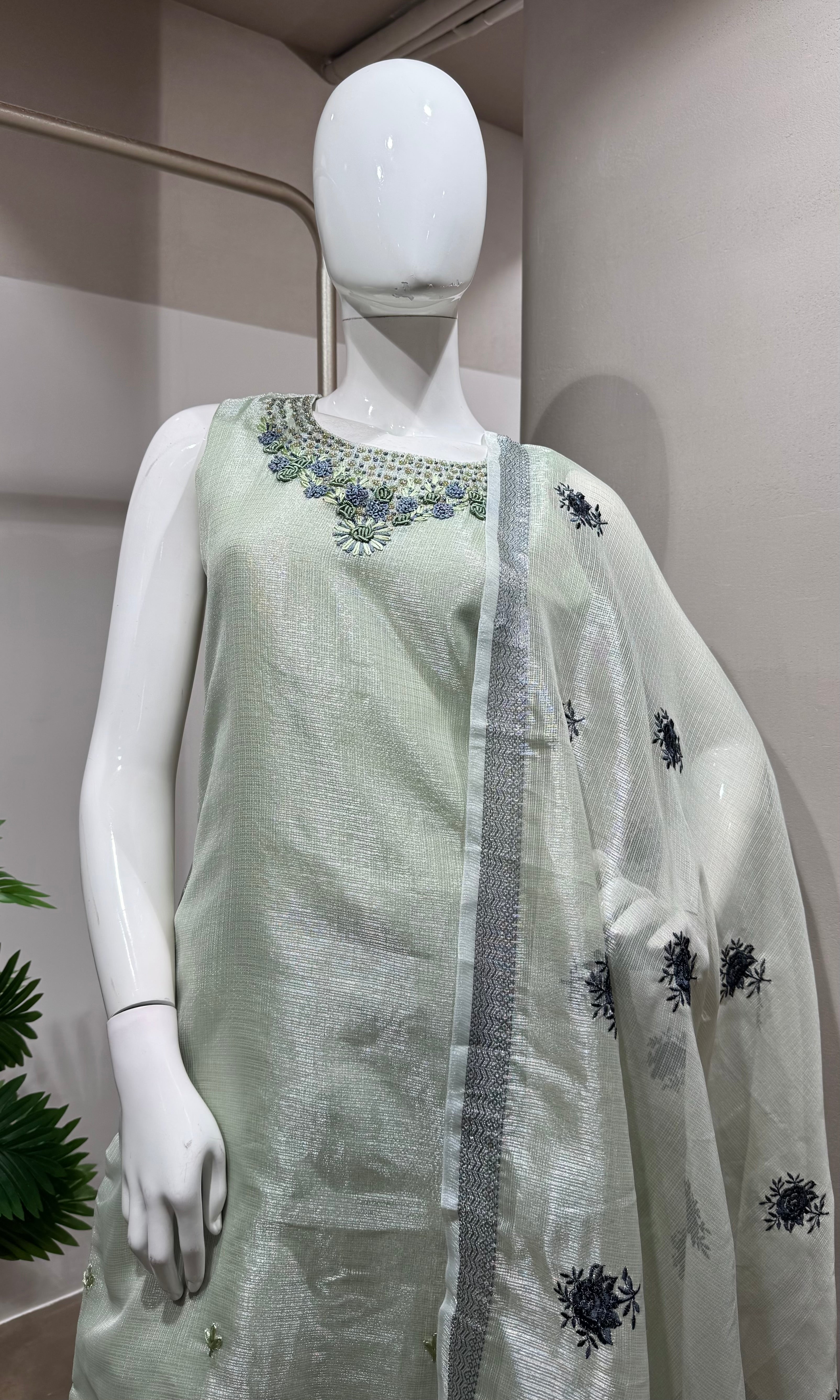 Pista green Pastel Tissue Silk kurta set