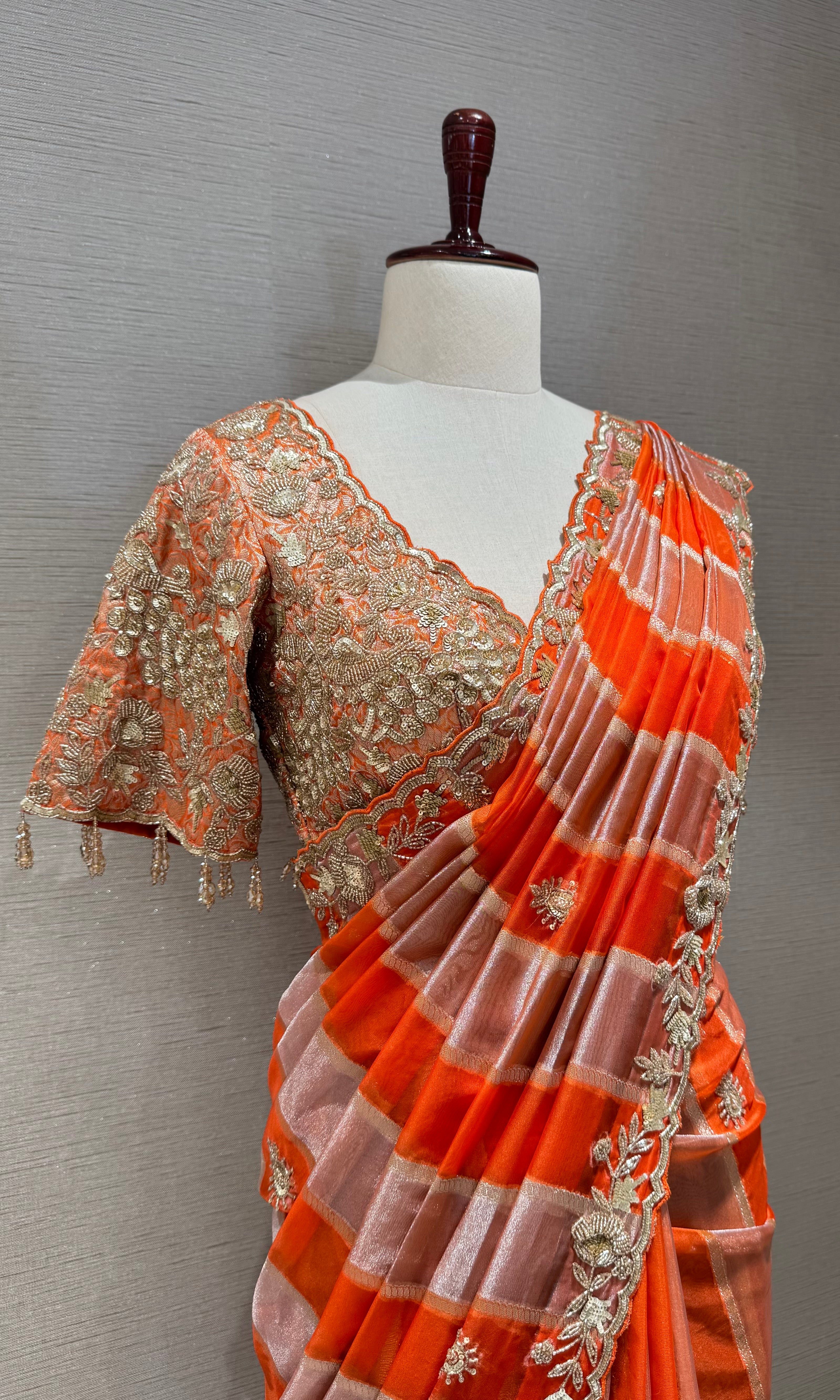 Orange Embellished Silk Leheriya Saree