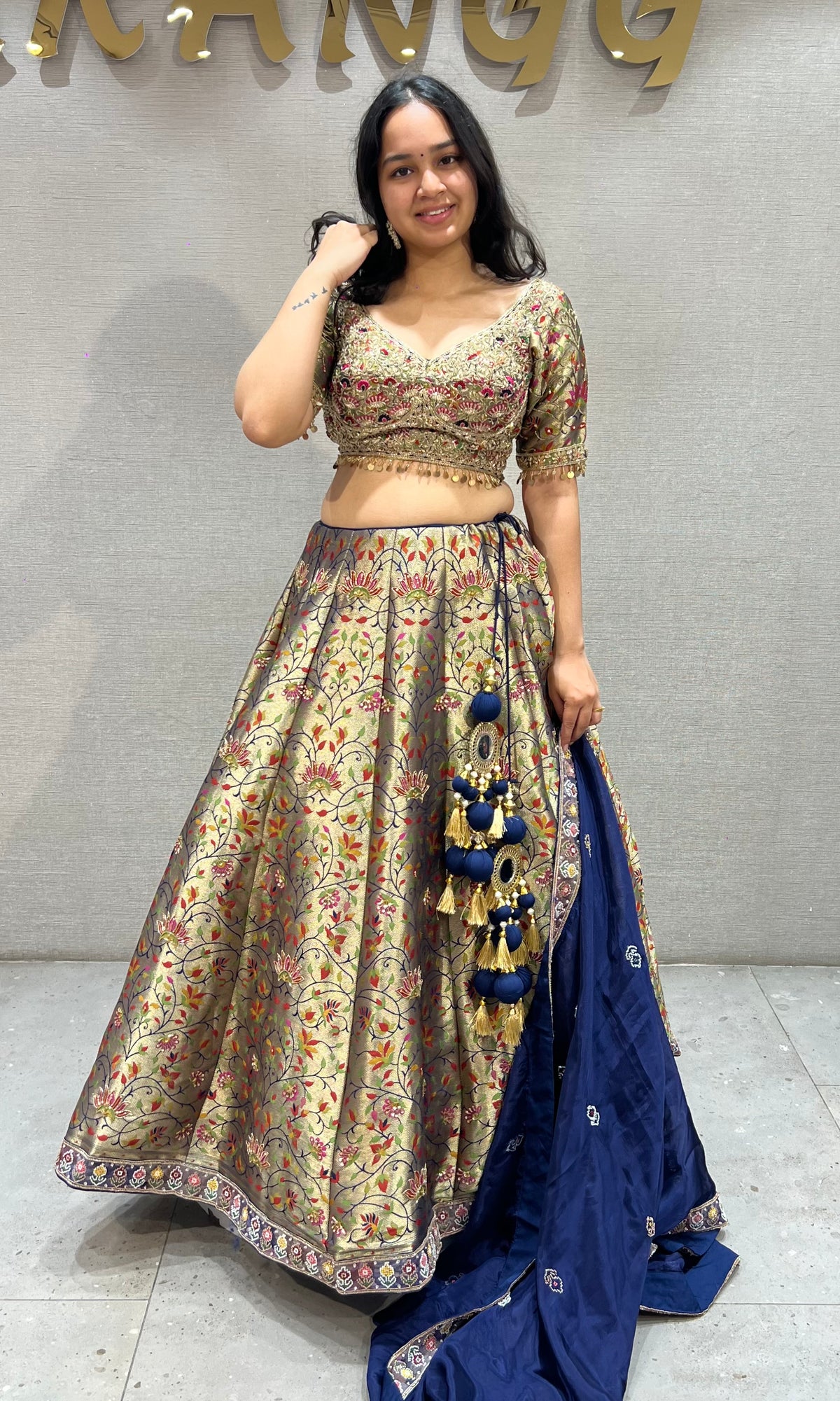 Golden Floral Banarasi Lehenga Set with Navy Blue Silk Dupatta