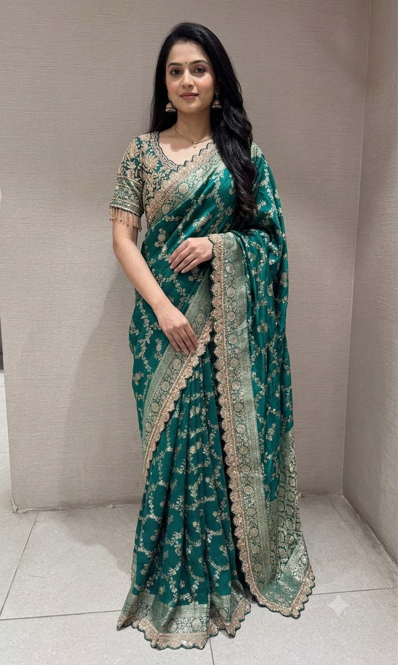 Deep Green Silk Saree with embroidered blouse