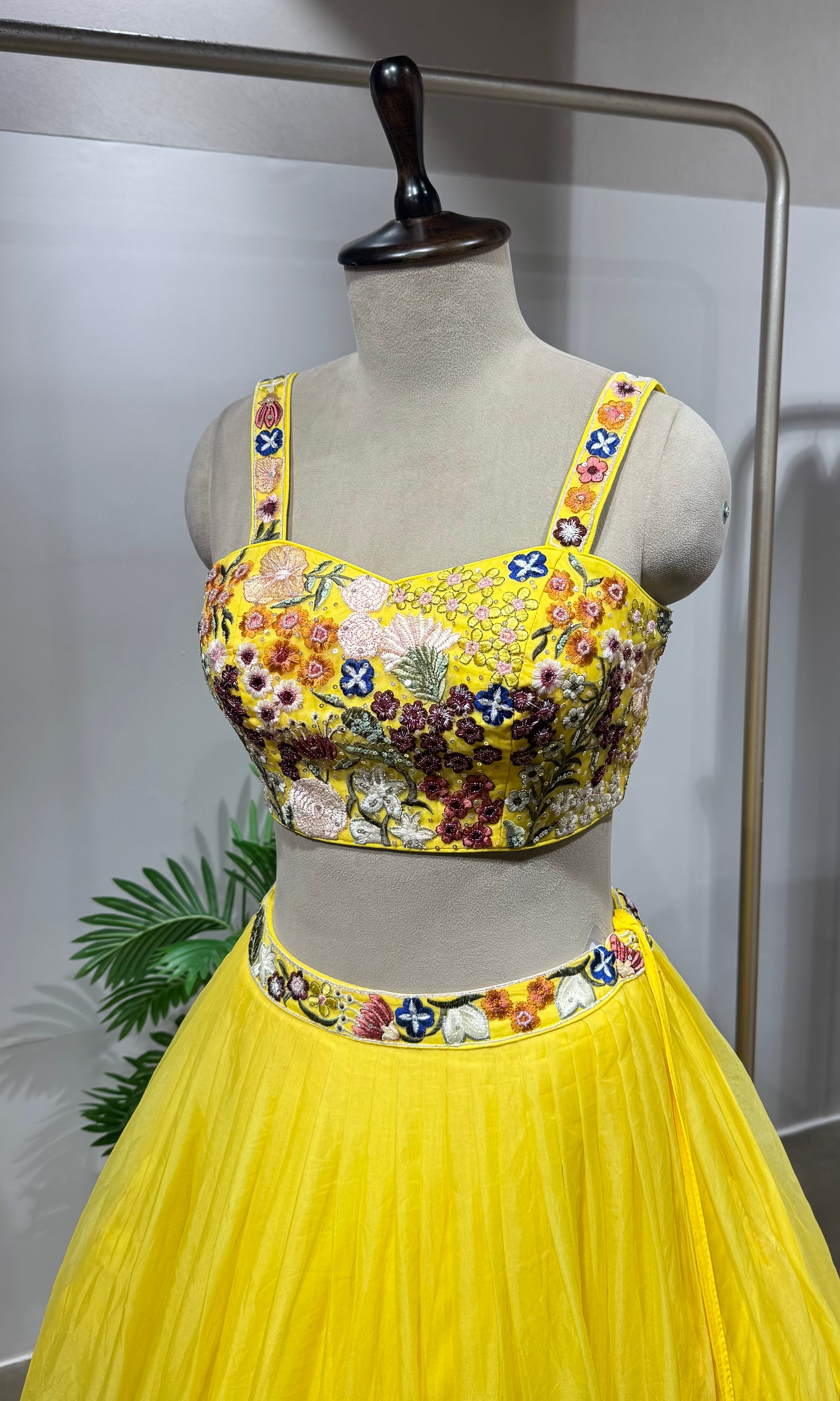 yellow floral embroidered lehenga set