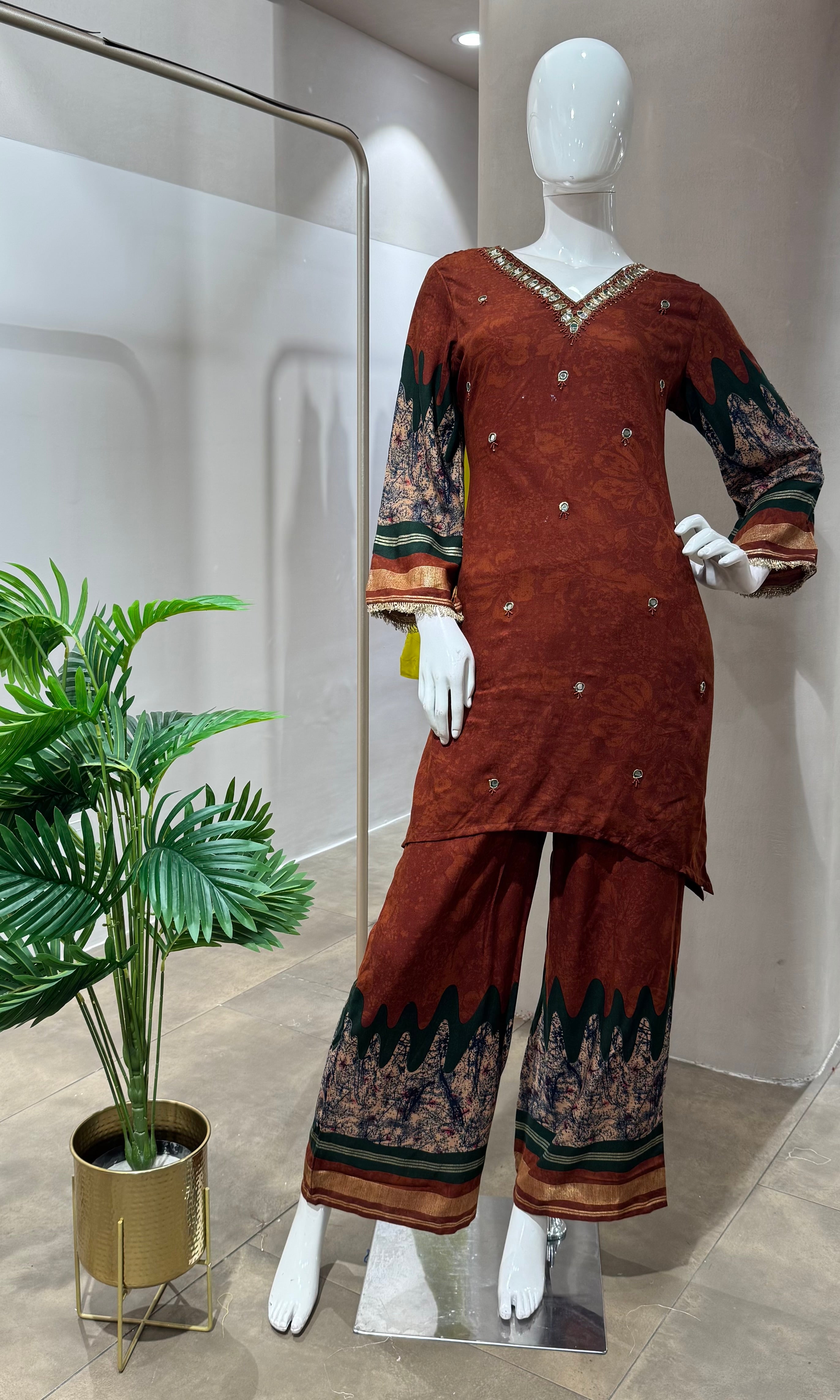 RUST PRINTED KURTI WITH BOTTOM