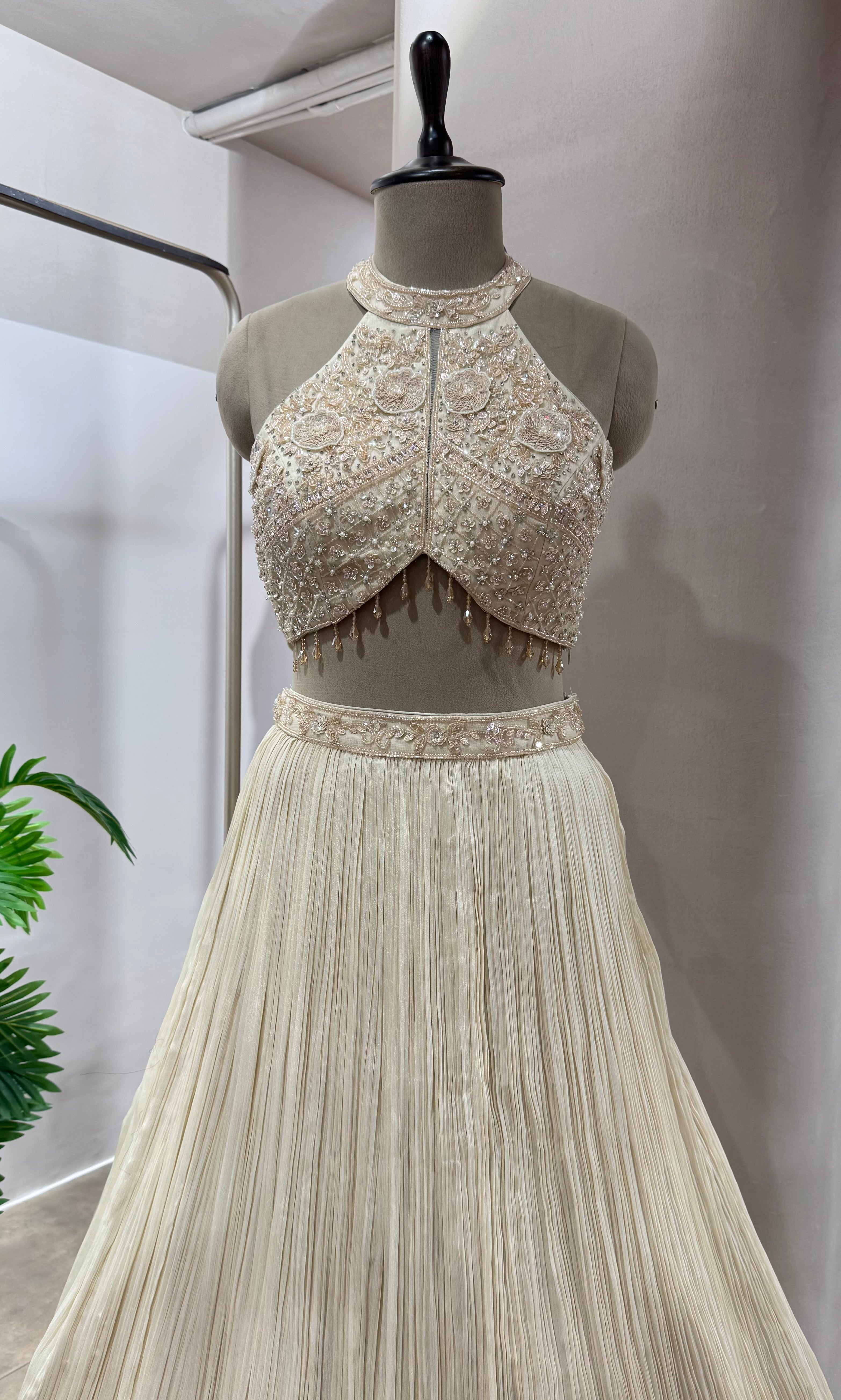 CREAM HALTER NECK CRYSTAL WORK BLOUSE WITH CAPE