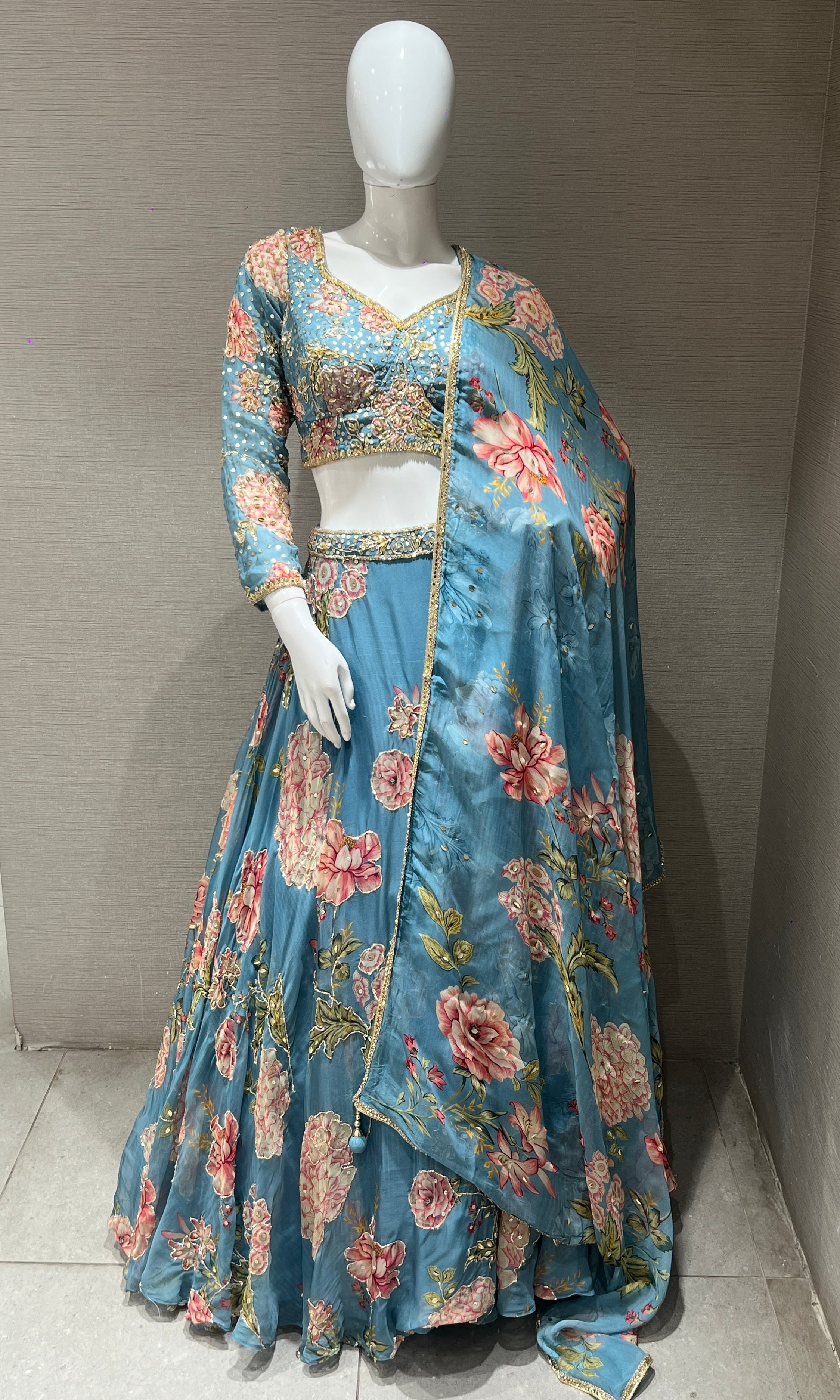 Light Blue Floral Embroidered Lehenga