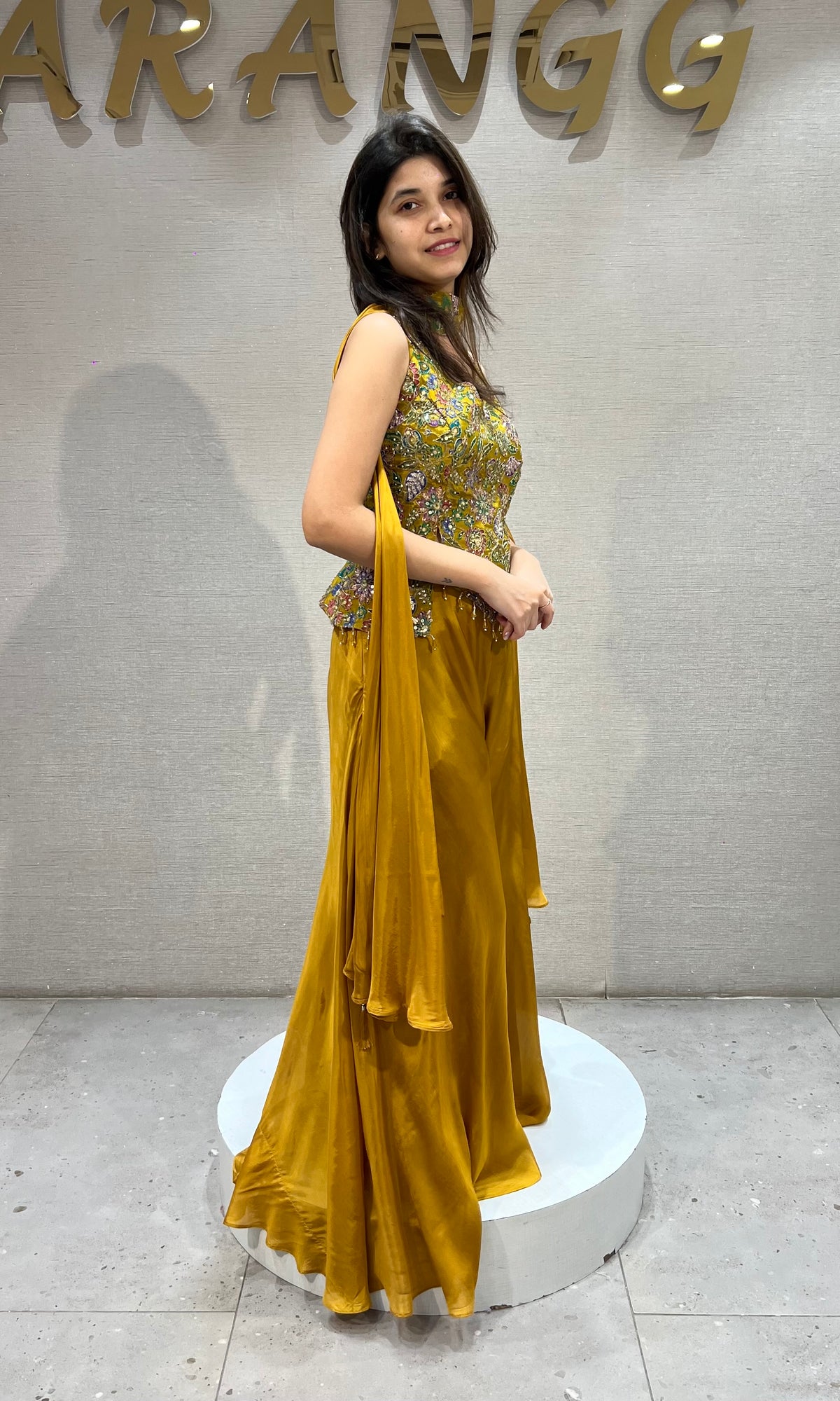 Mustard Gold Satin silk Embroidered Palazzo Set