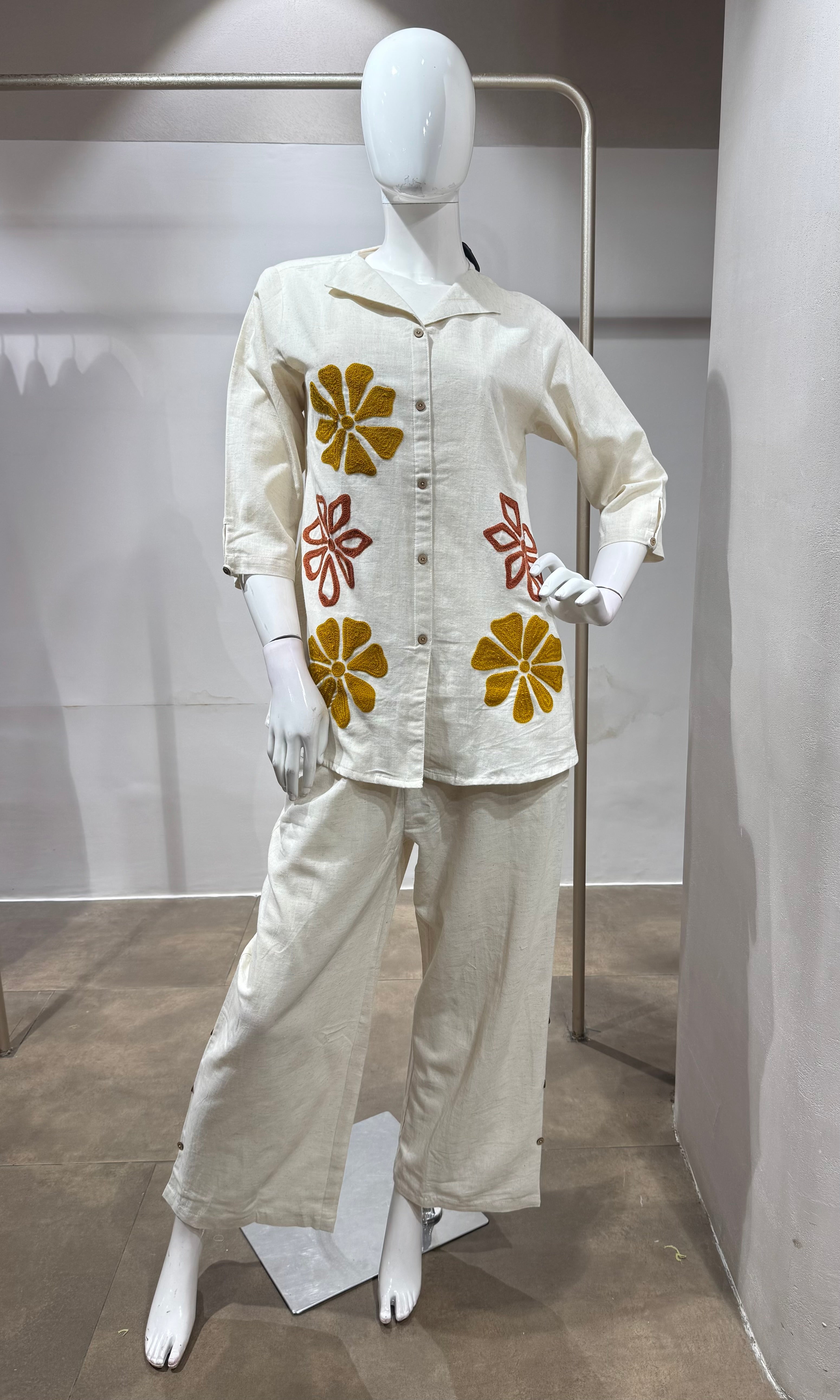 Cream & Mustard Bloom Linen cord Set