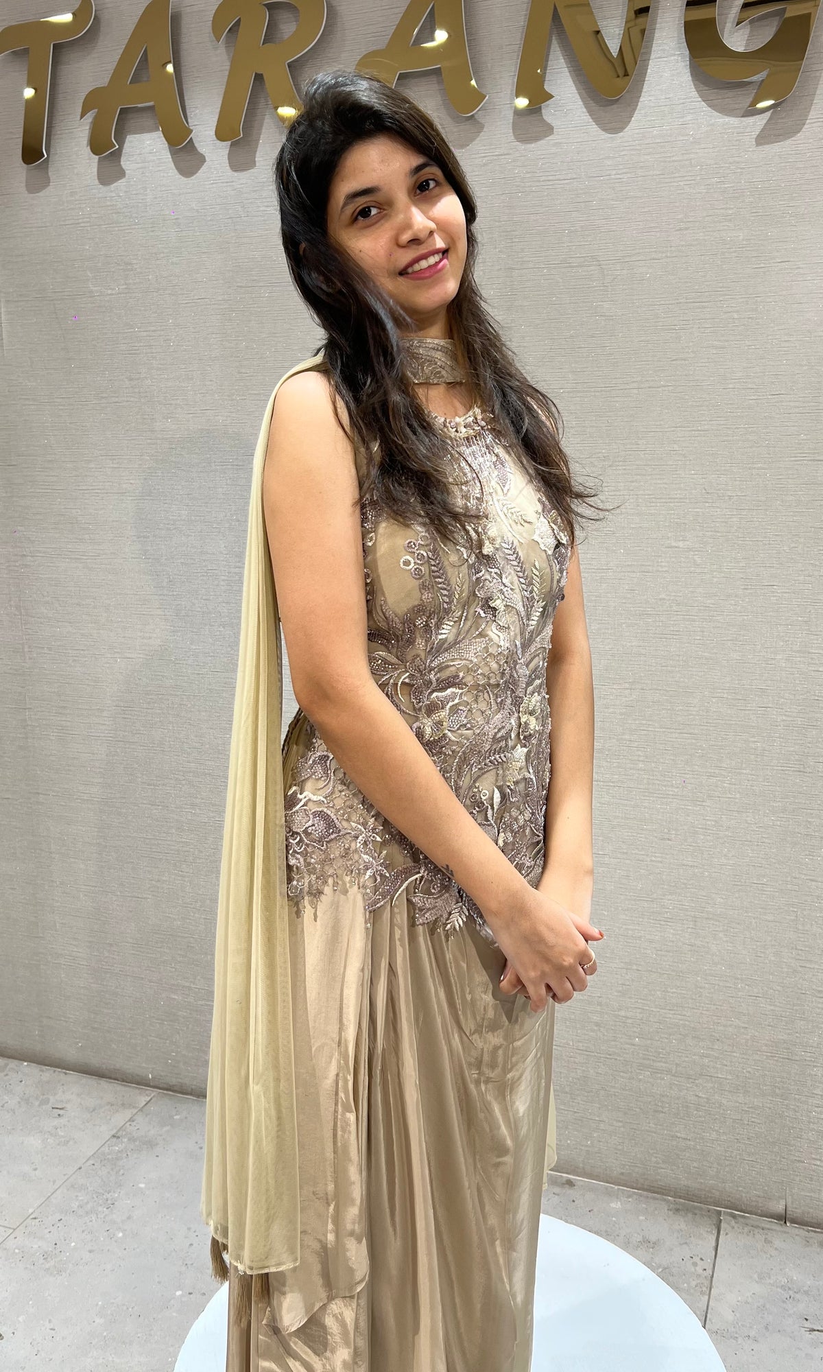 Fawn silk satin Gold Corset Draped Skirt