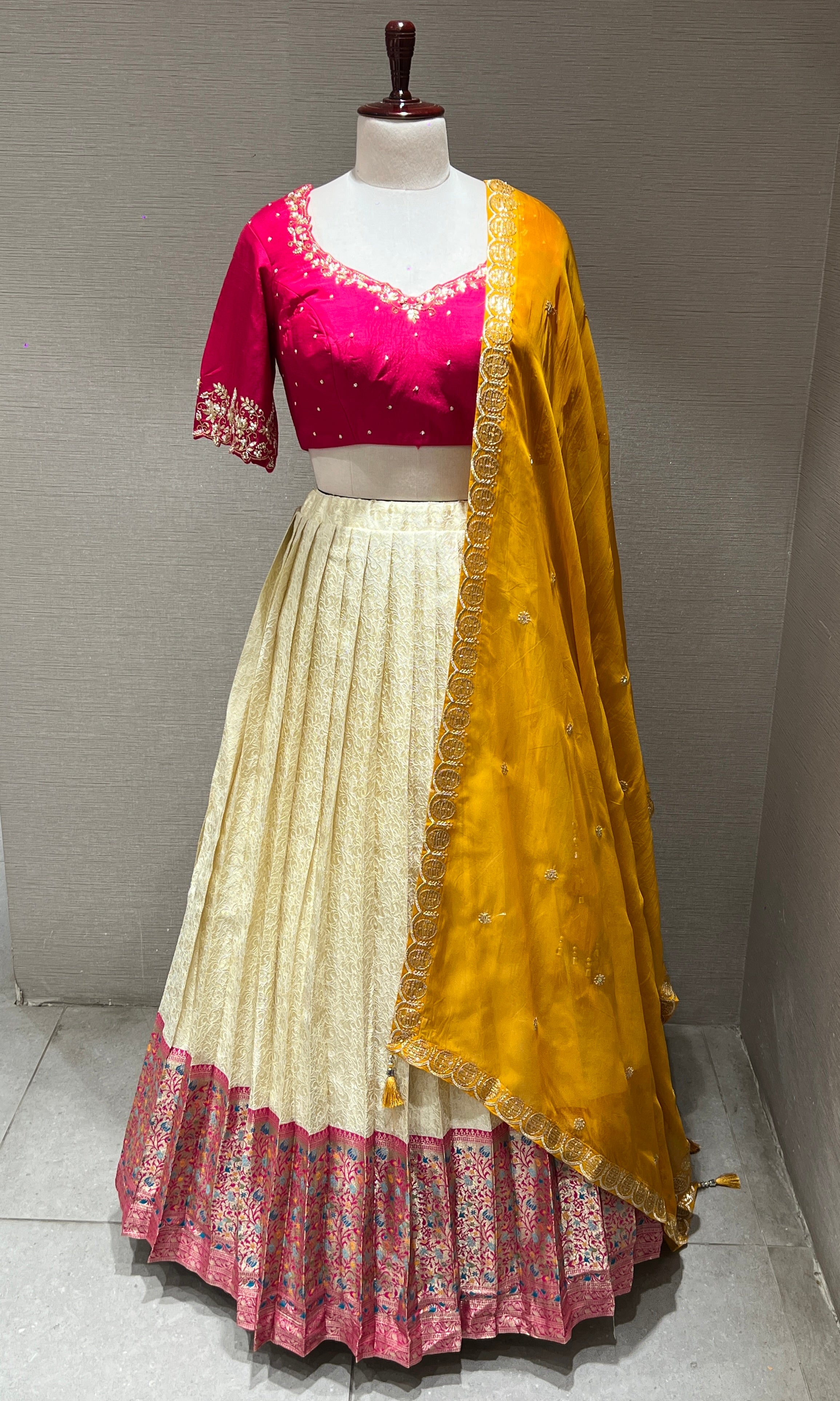 Cream and Pink Lehenga