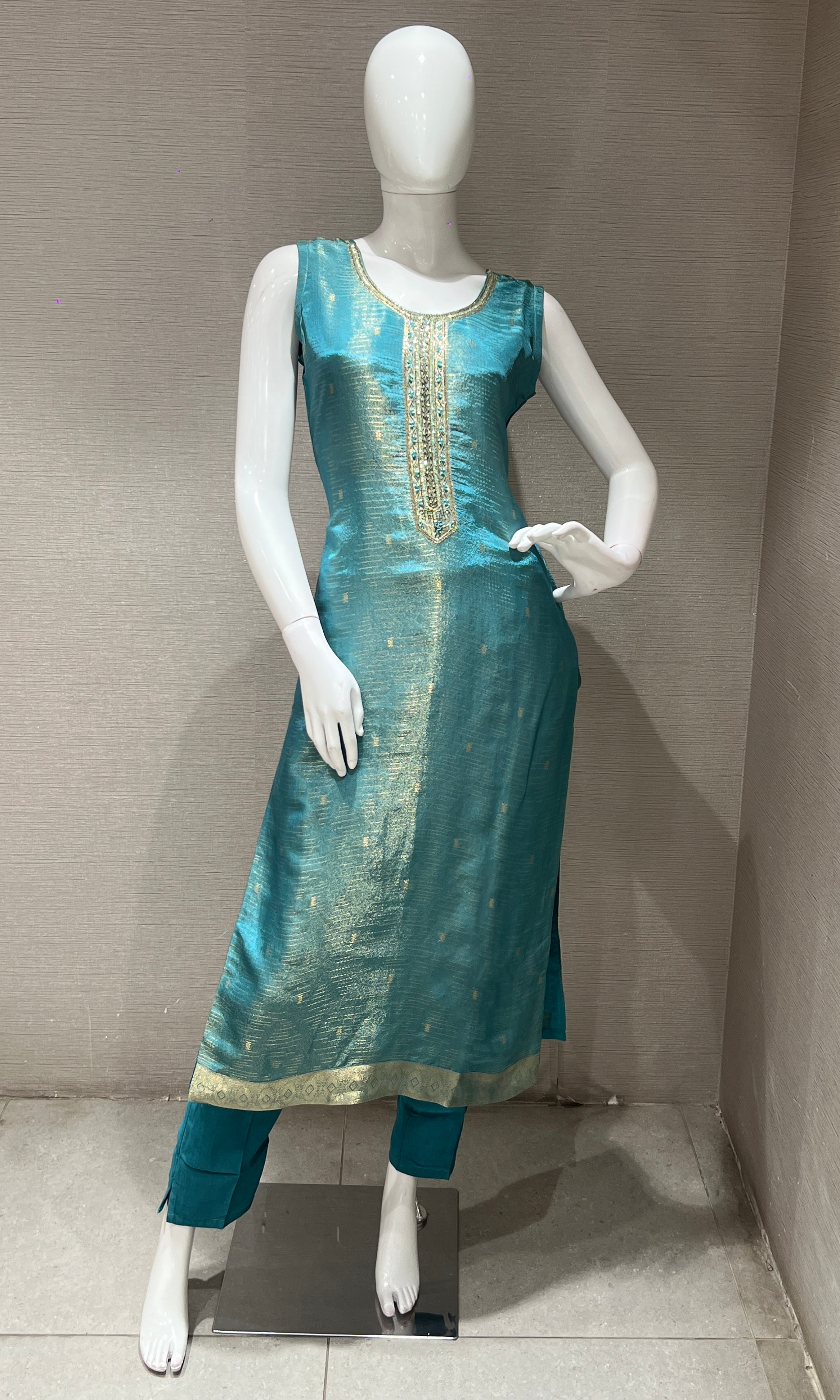 Teal green and gold kurta set