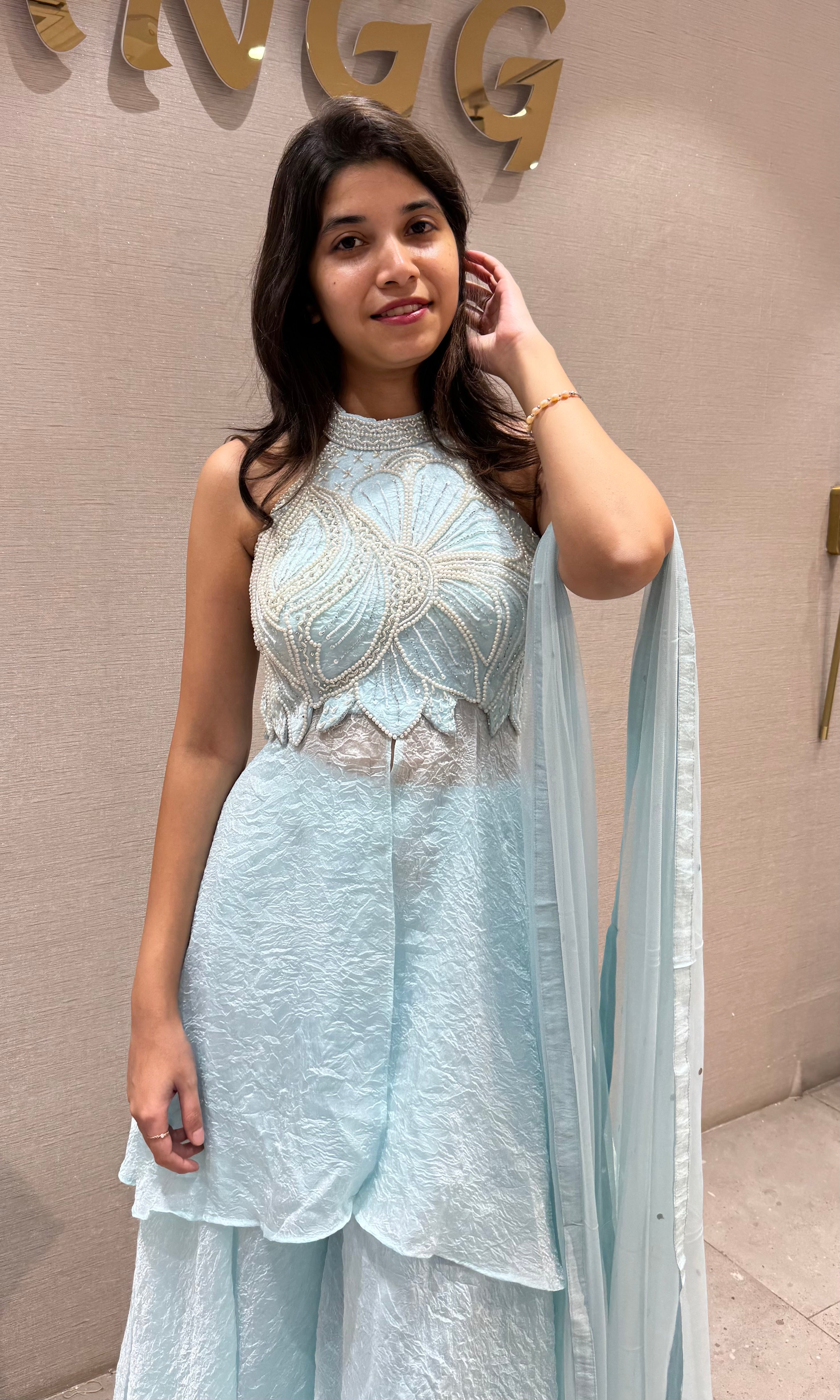 Sea blue Halter Neck Peplum Palazzo Set