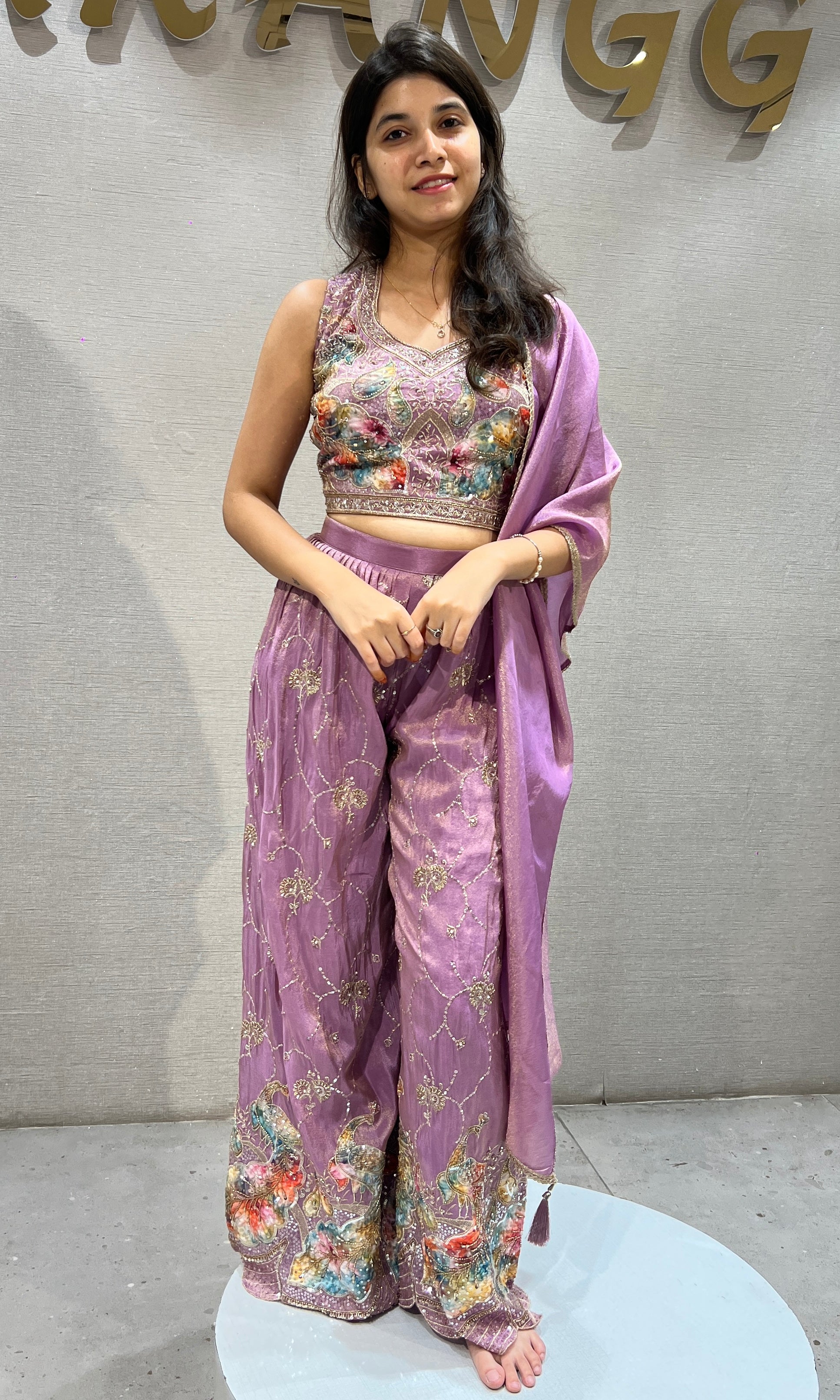 Lavender Multi Floral Embroidered Palazzo Set