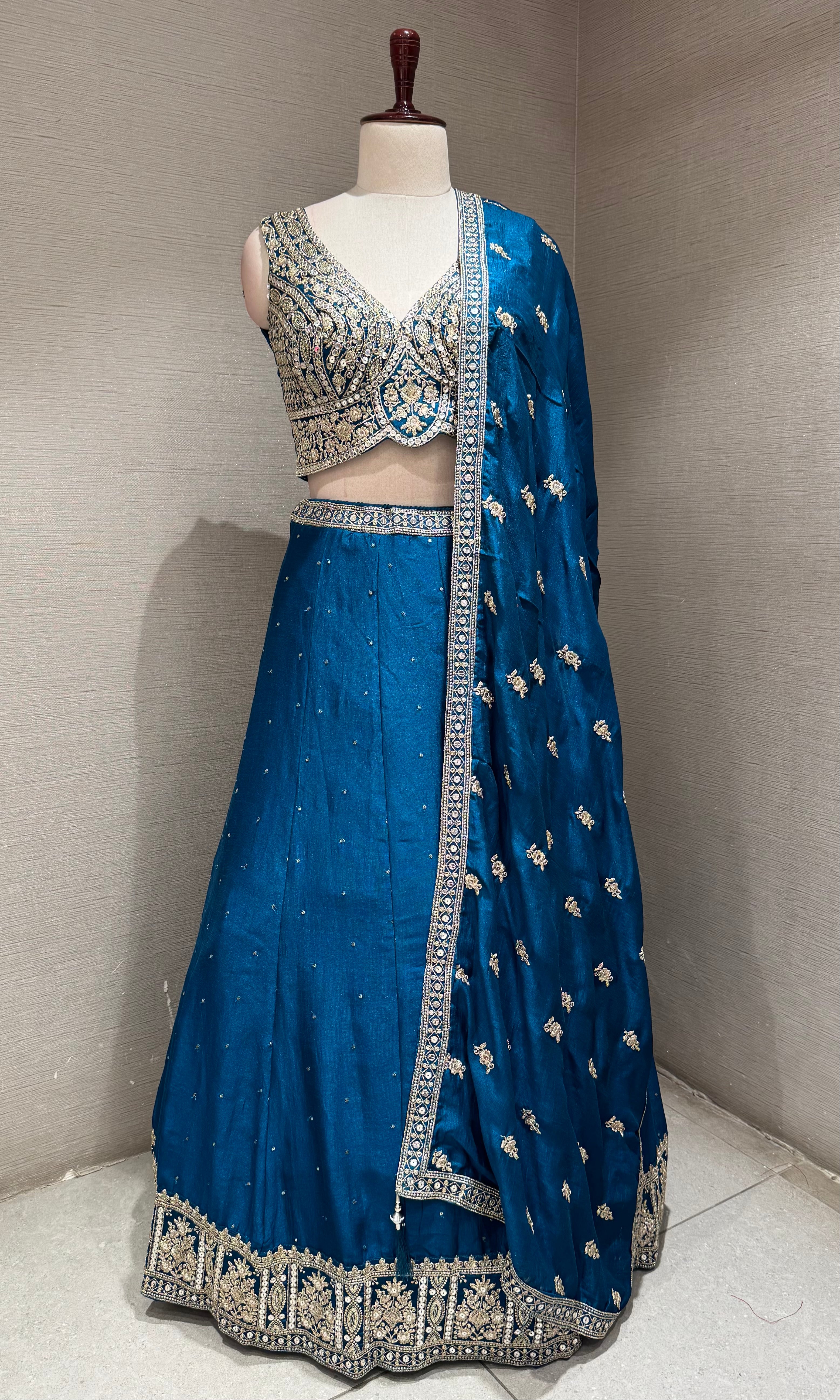 Royal Blue Lehenga Set with Intricate Silver and Gold Border