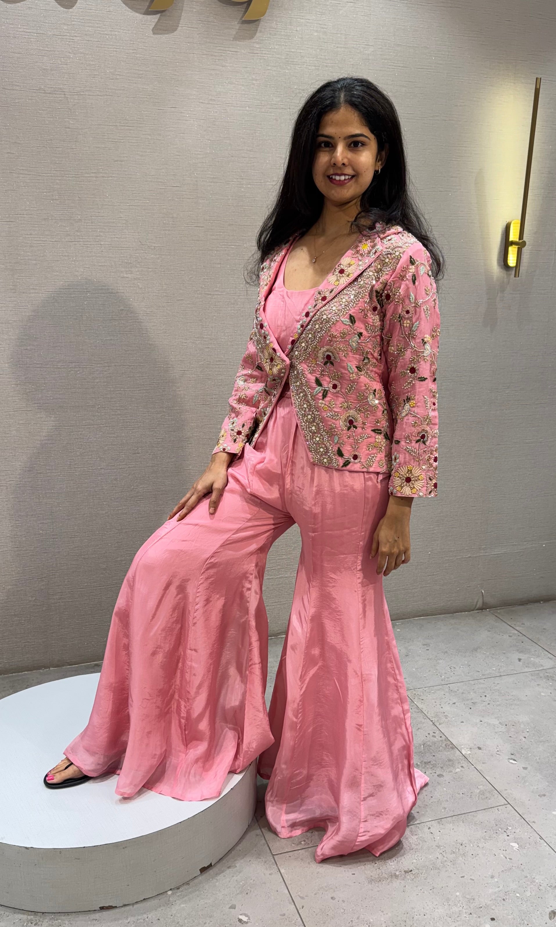 Baby Pink Silk Floral Jacket with Palazzo pants
