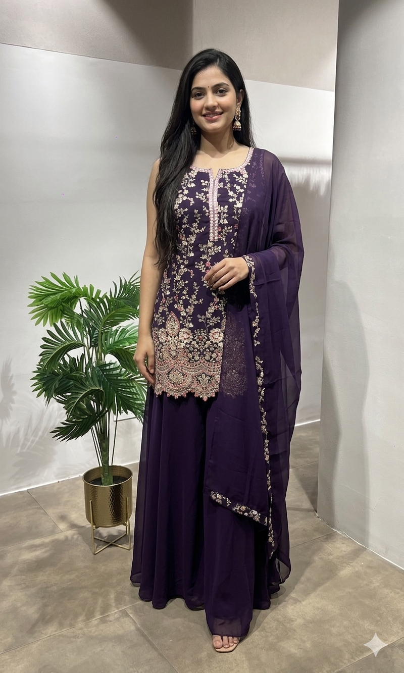 Wine Sequin & Zari Embroidered Sharara Suit
