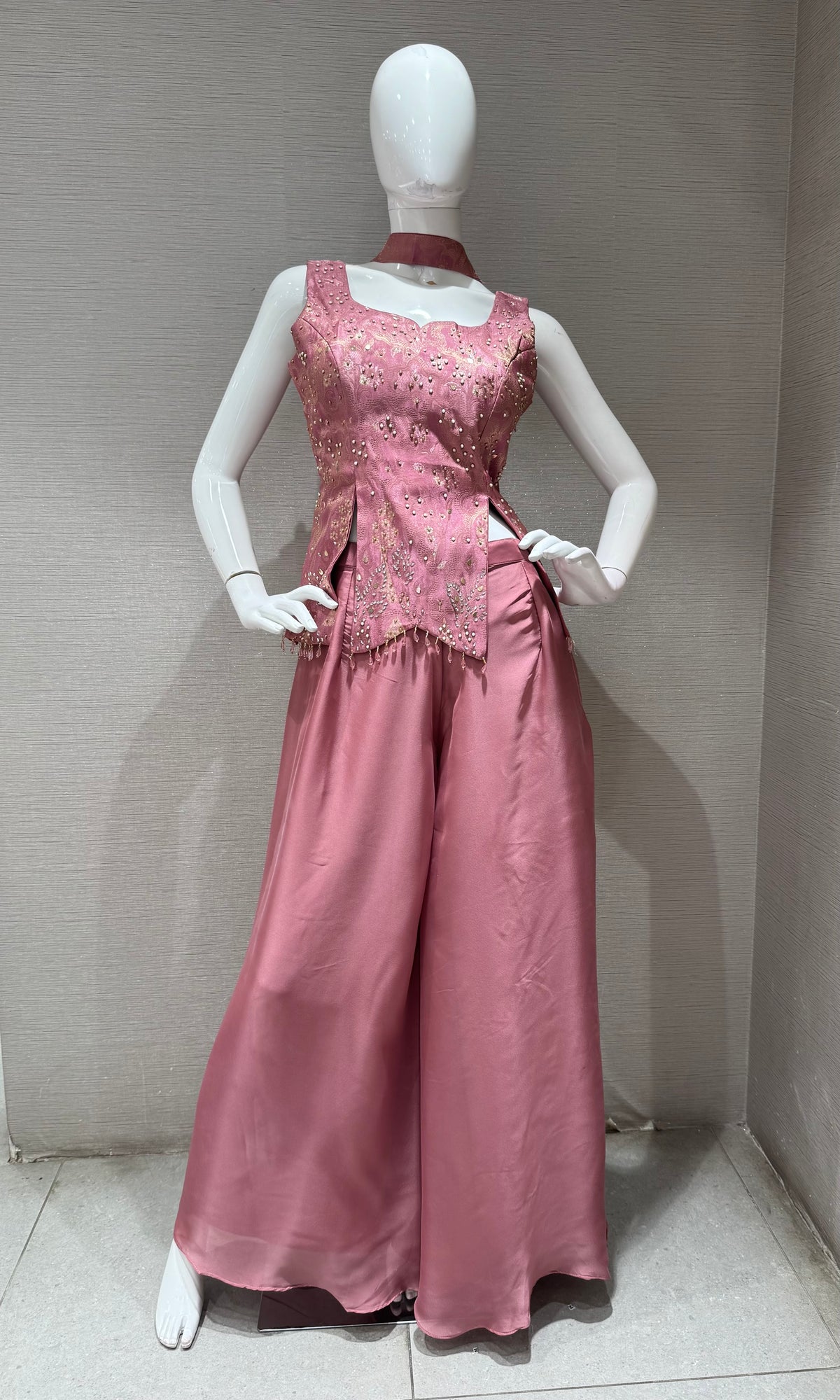 Onion Pink Satin Embellished Crop Top and Palazzo Set