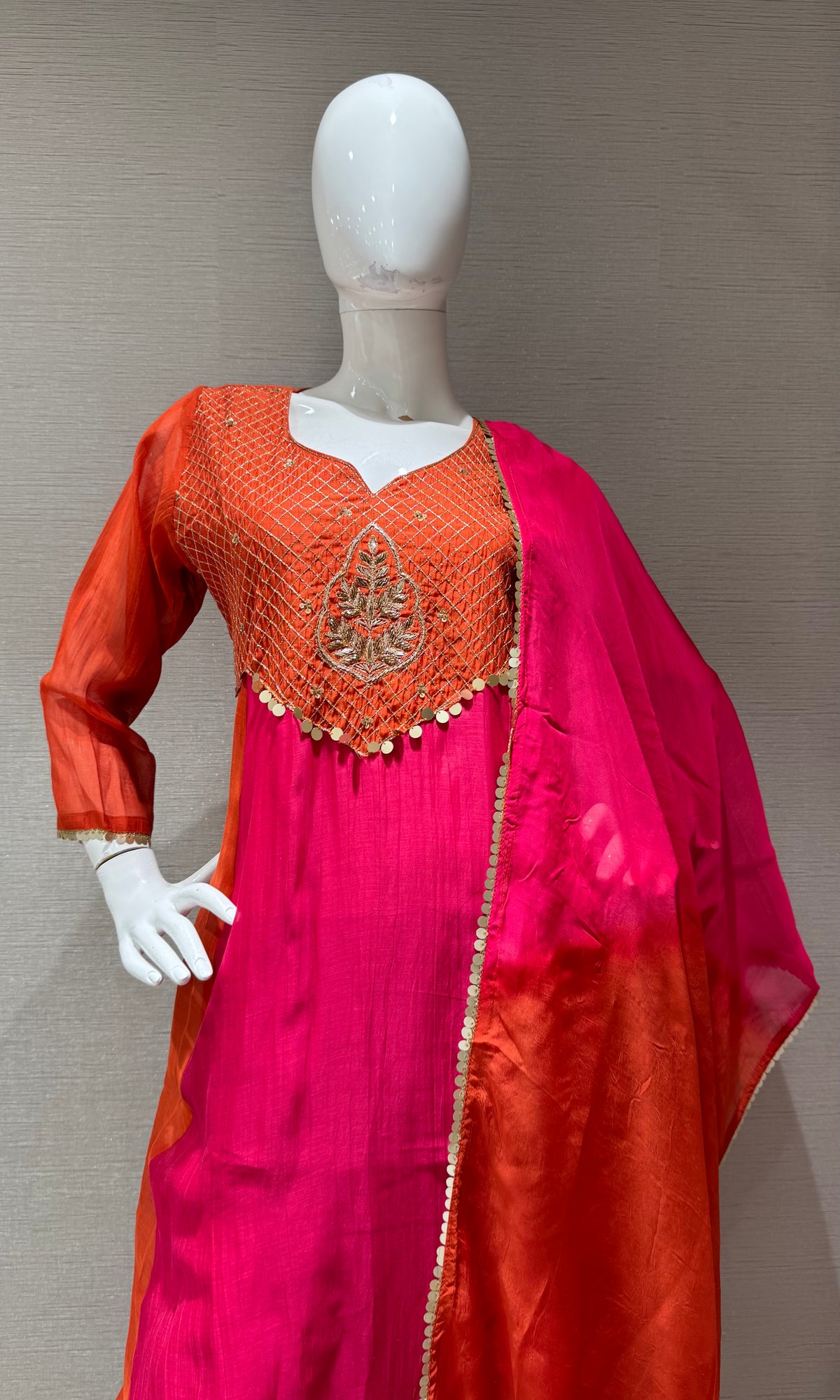 Rust and Pink Embroidered Salwar Kurta Set with Dupatta