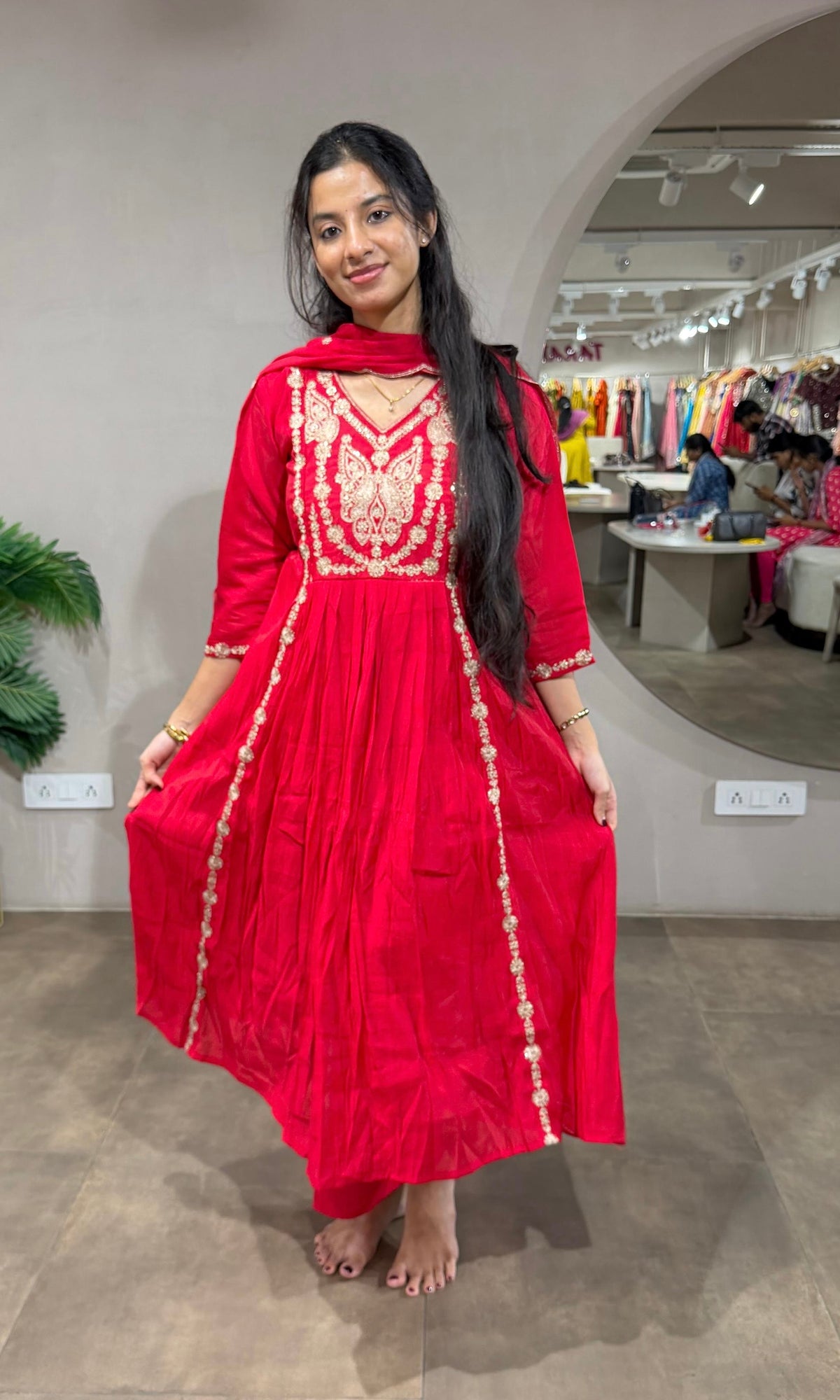 Rani Embroidered A line Kurta Set with Dupatta